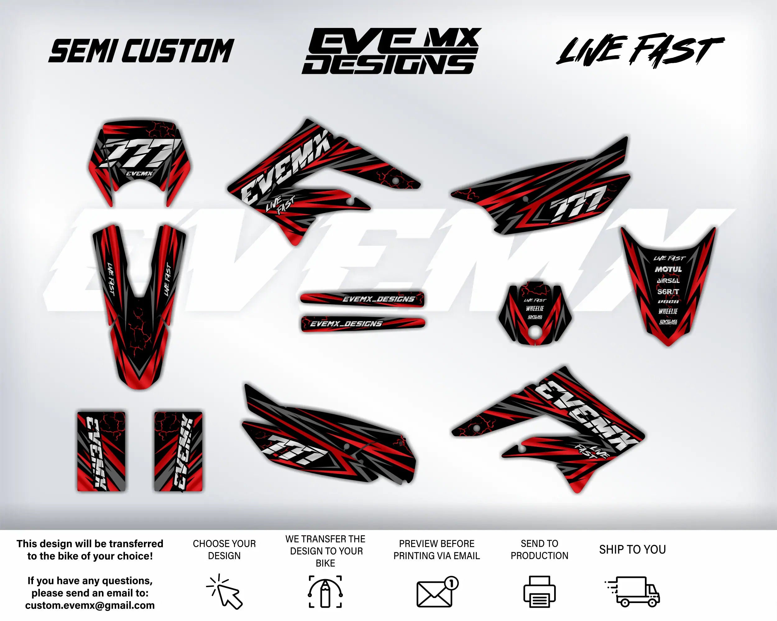 Collection of EVEMX Designs motorcycle decals on a white background