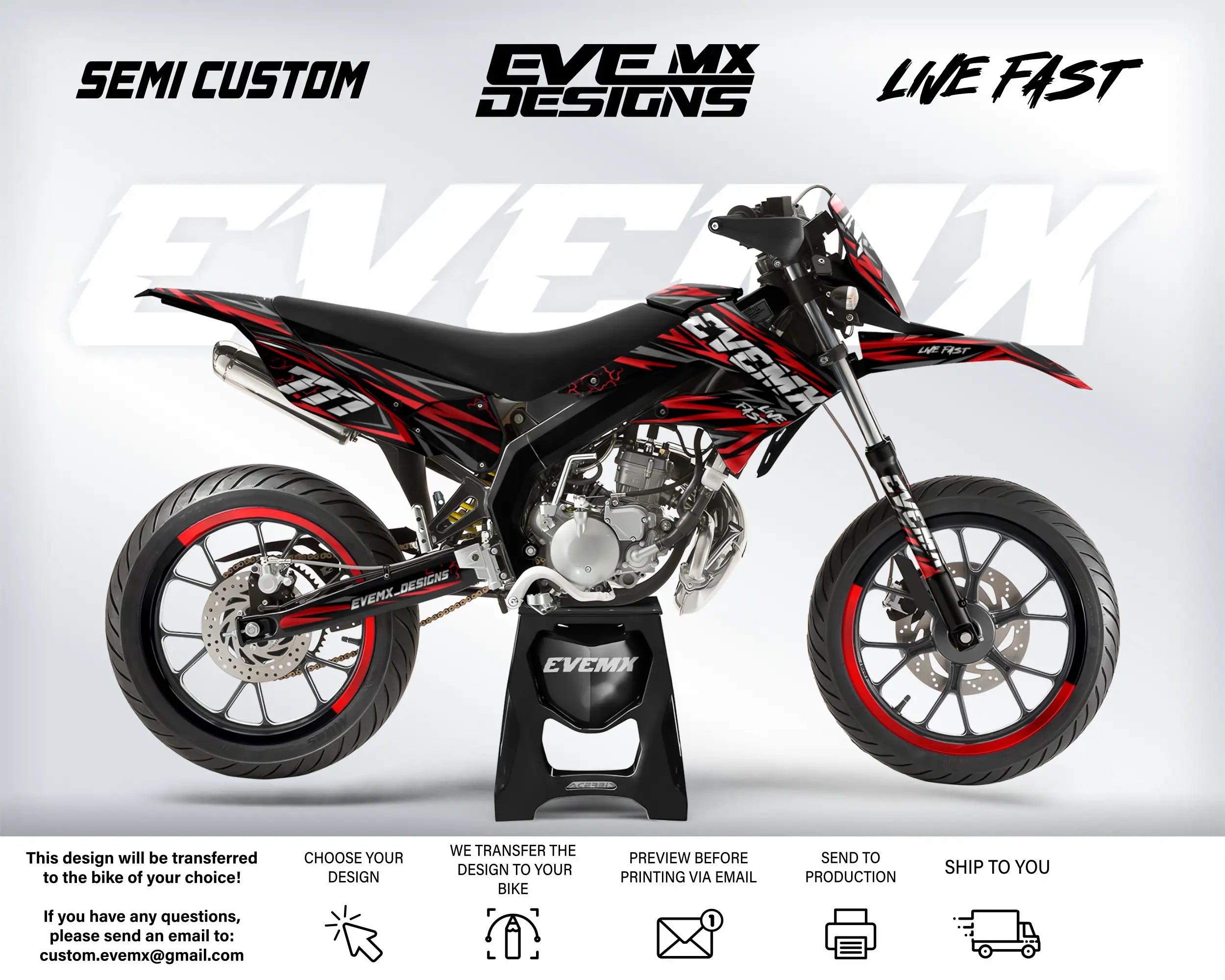 Motorcycle with 'EveMX Designs' branding on a white background