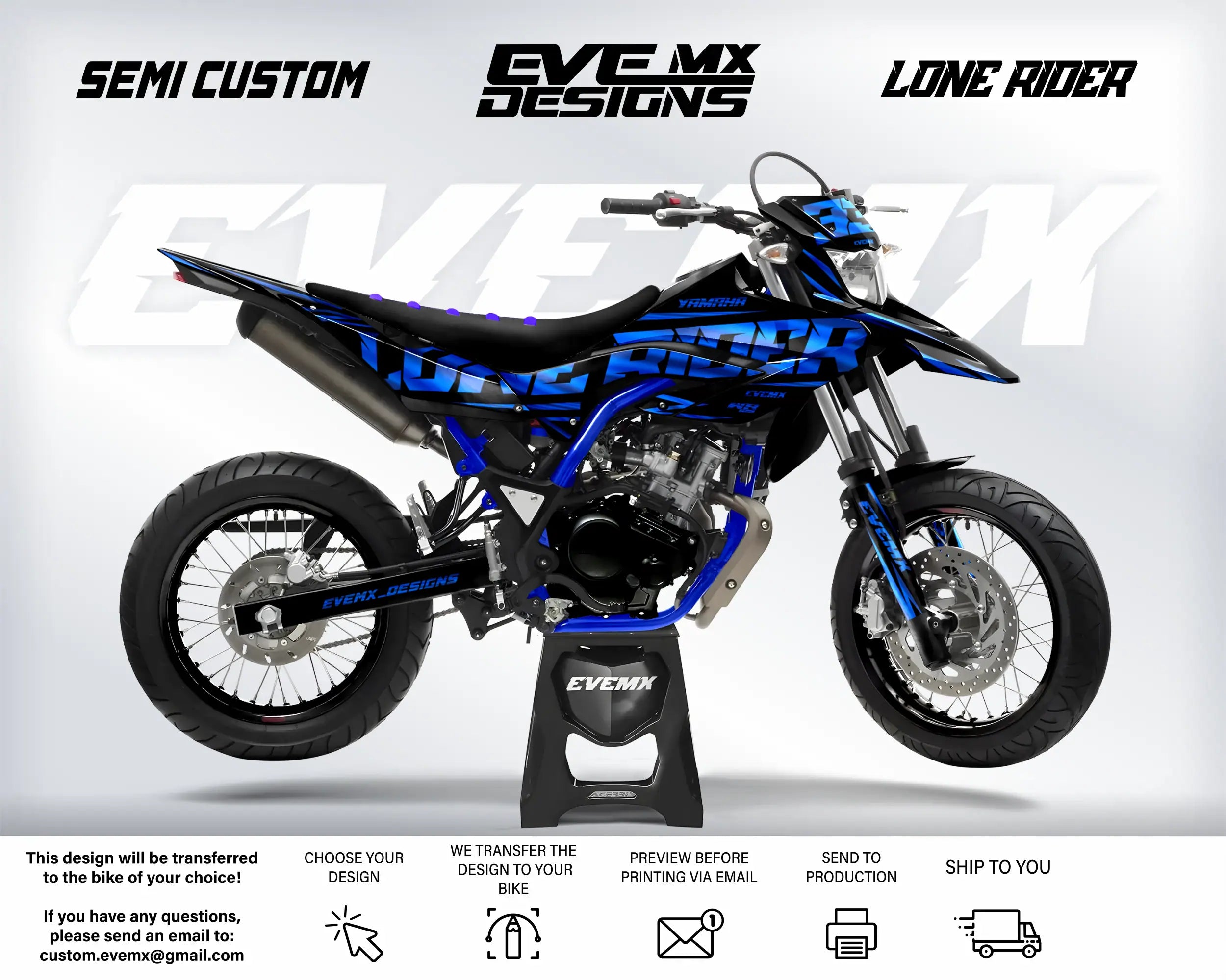 Motorcycle with 'Lone Rider' custom design on a white background, featuring EveMx Designs branding text.