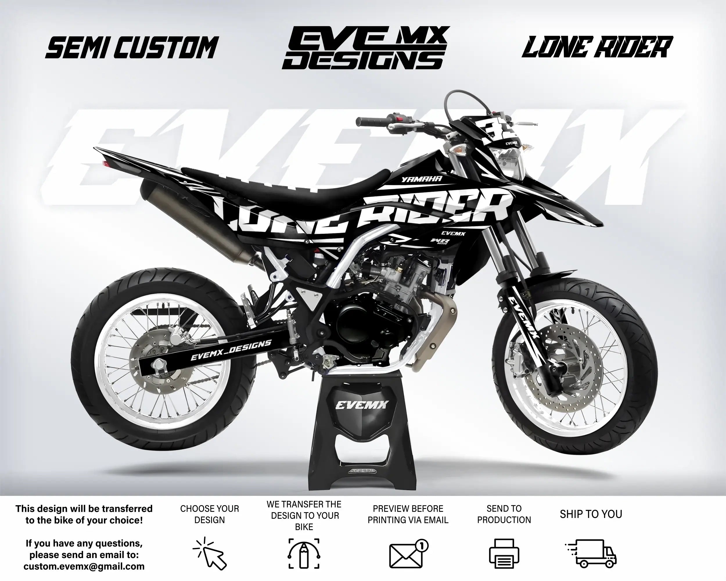 Motorcycle with 'EveMX Designs' and 'Lone Rider' branding on a white background