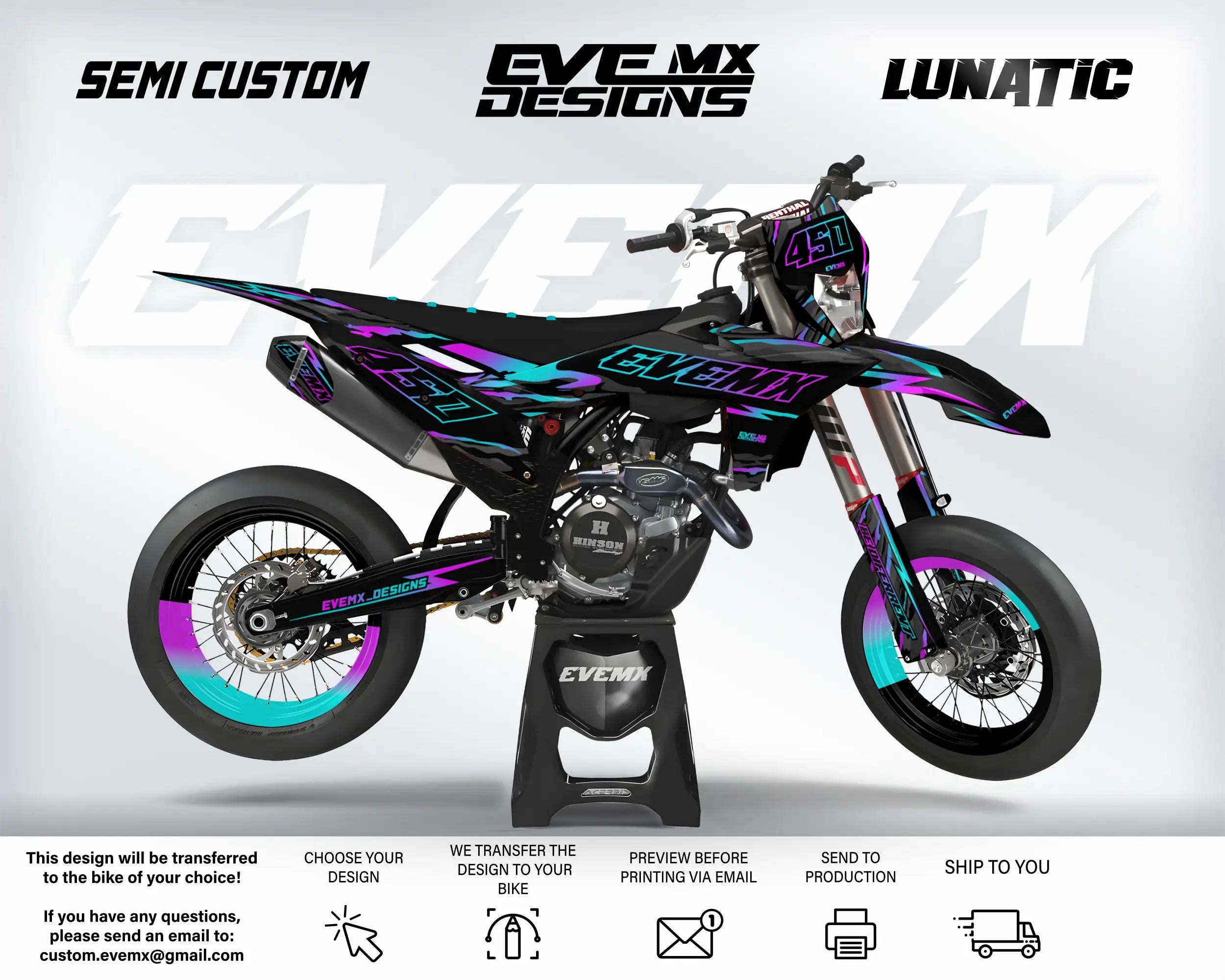 Motorcycle with custom graphics on a white background, featuring 'EveMX Designs' branding.