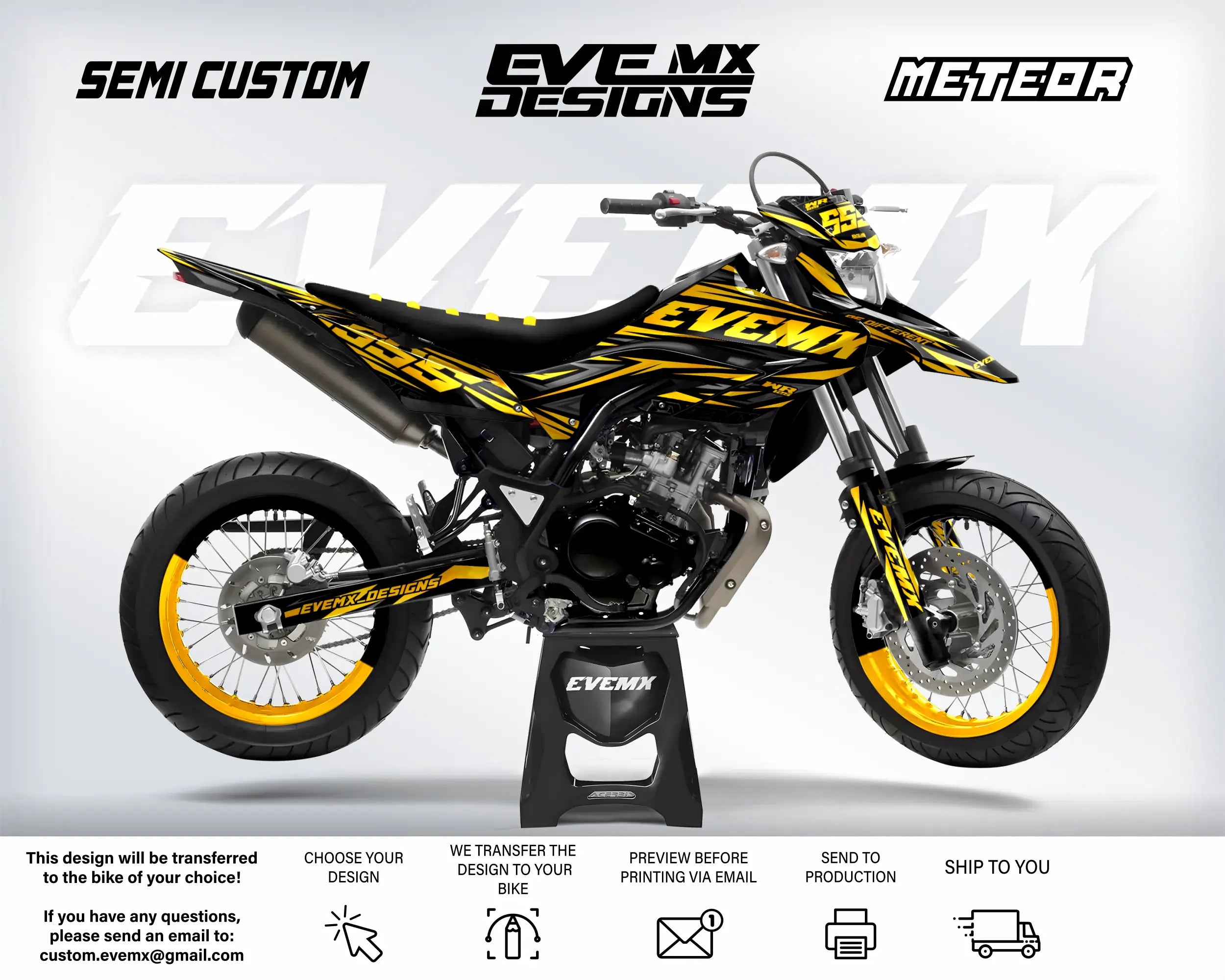 Yellow and black dirt bike with 'EveMX Designs' branding on a white background