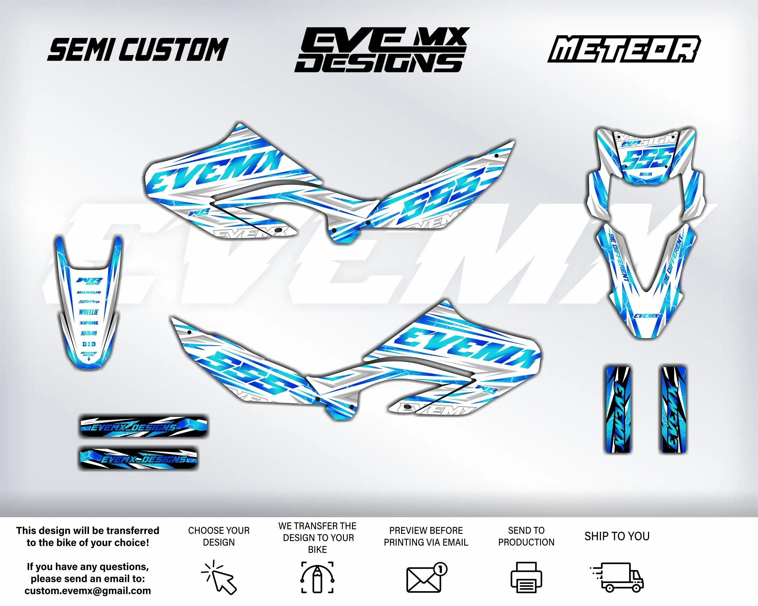 Motorcycle graphics kit with 'EveMX Designs' branding on a white background