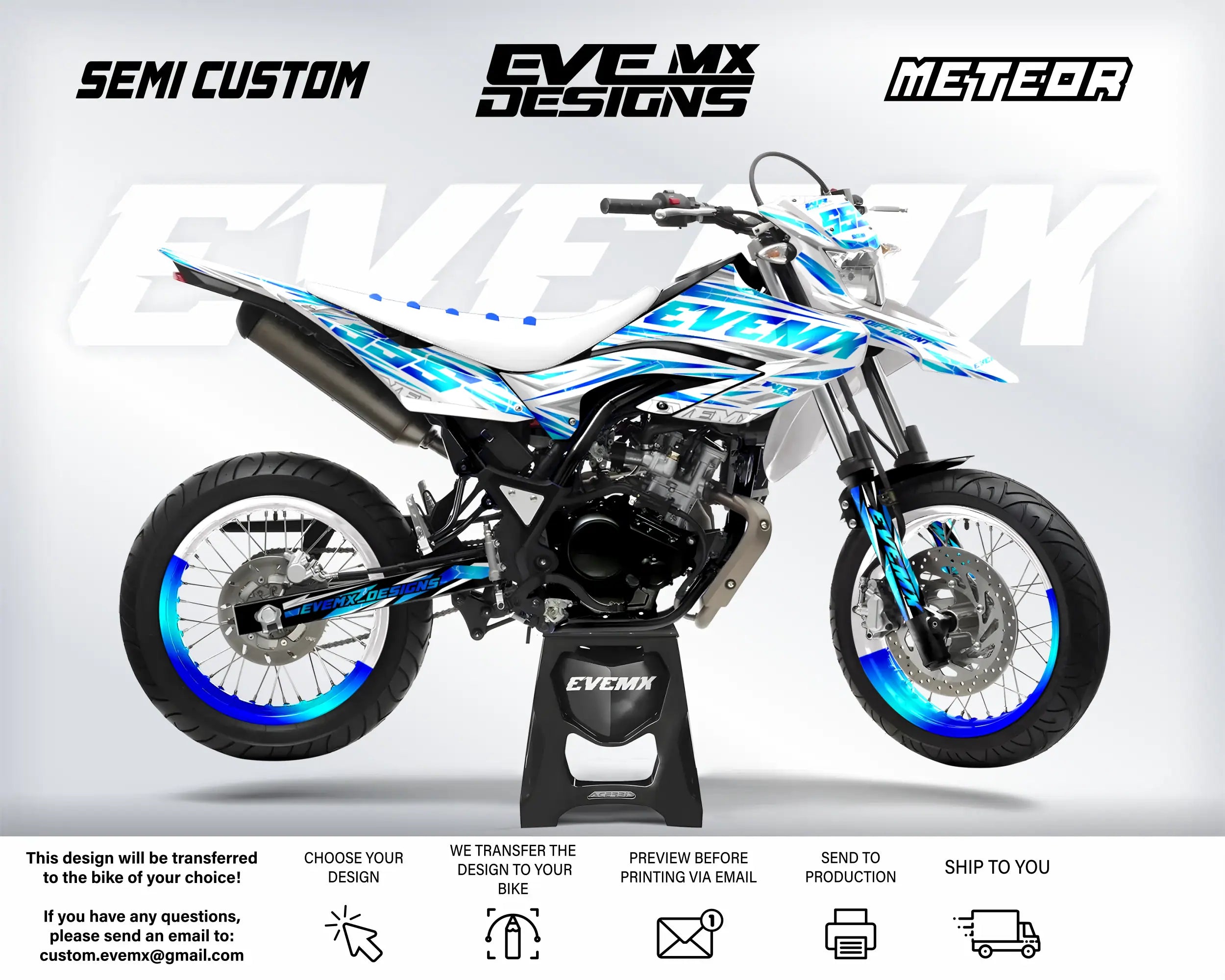 Motorcycle with 'EveMX Designs' branding on a gray background