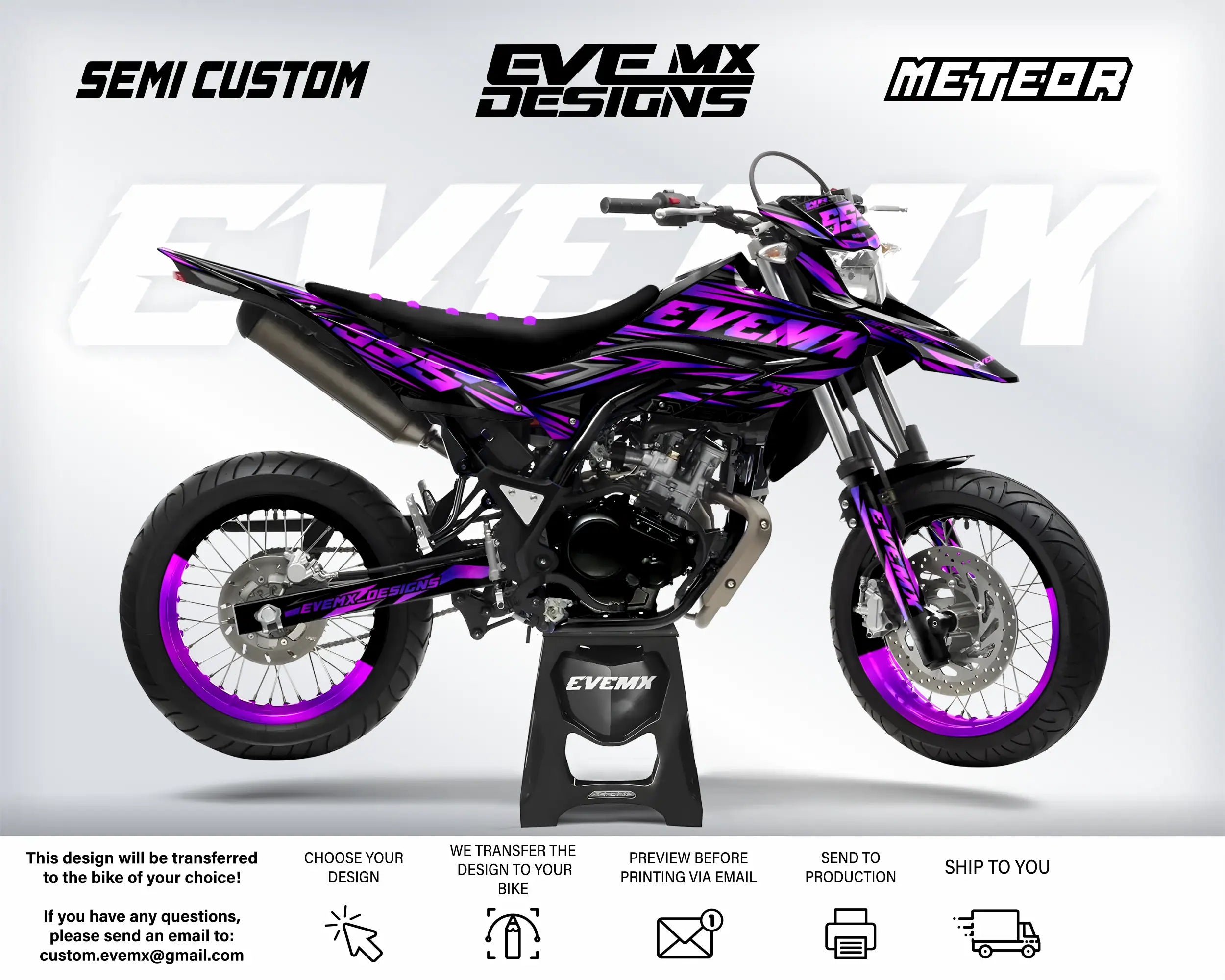 Motorcycle with purple and black design on a white background, featuring 'EveMX Designs' branding.