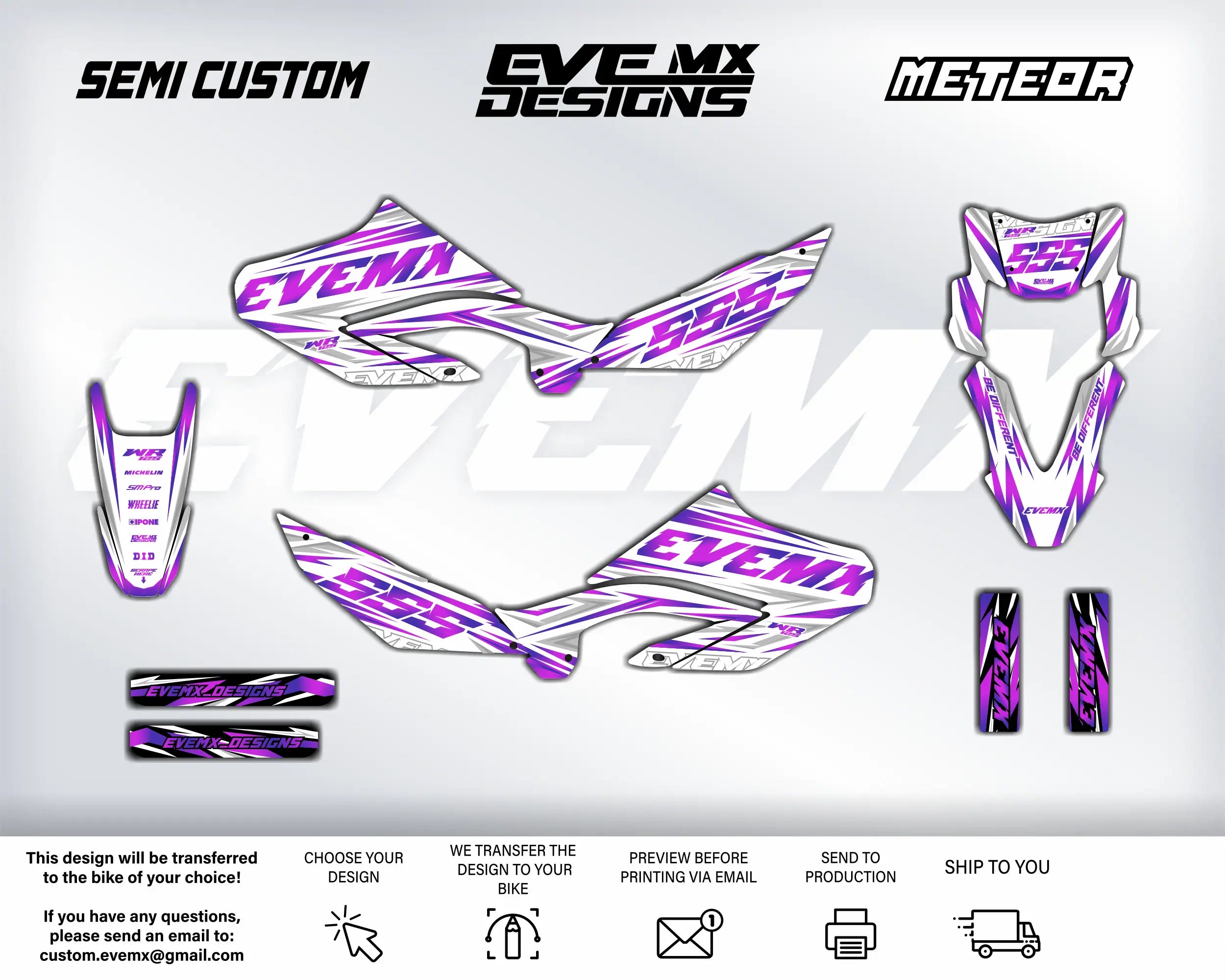 Motorcycle graphics kit with 'EveMX Designs' branding on a white background
