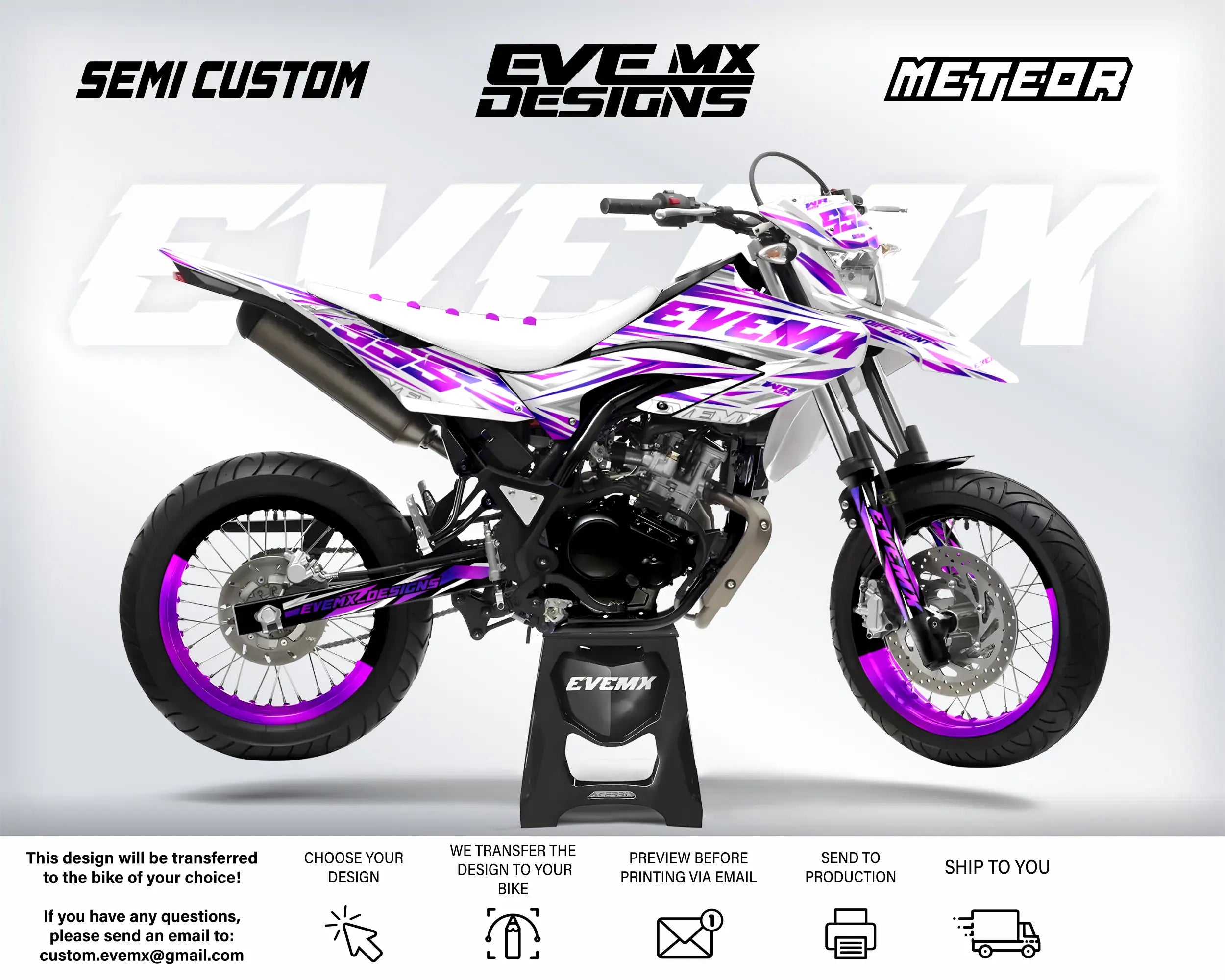 Motorcycle with purple and white design on a gray background, featuring 'EveMX Designs' branding.