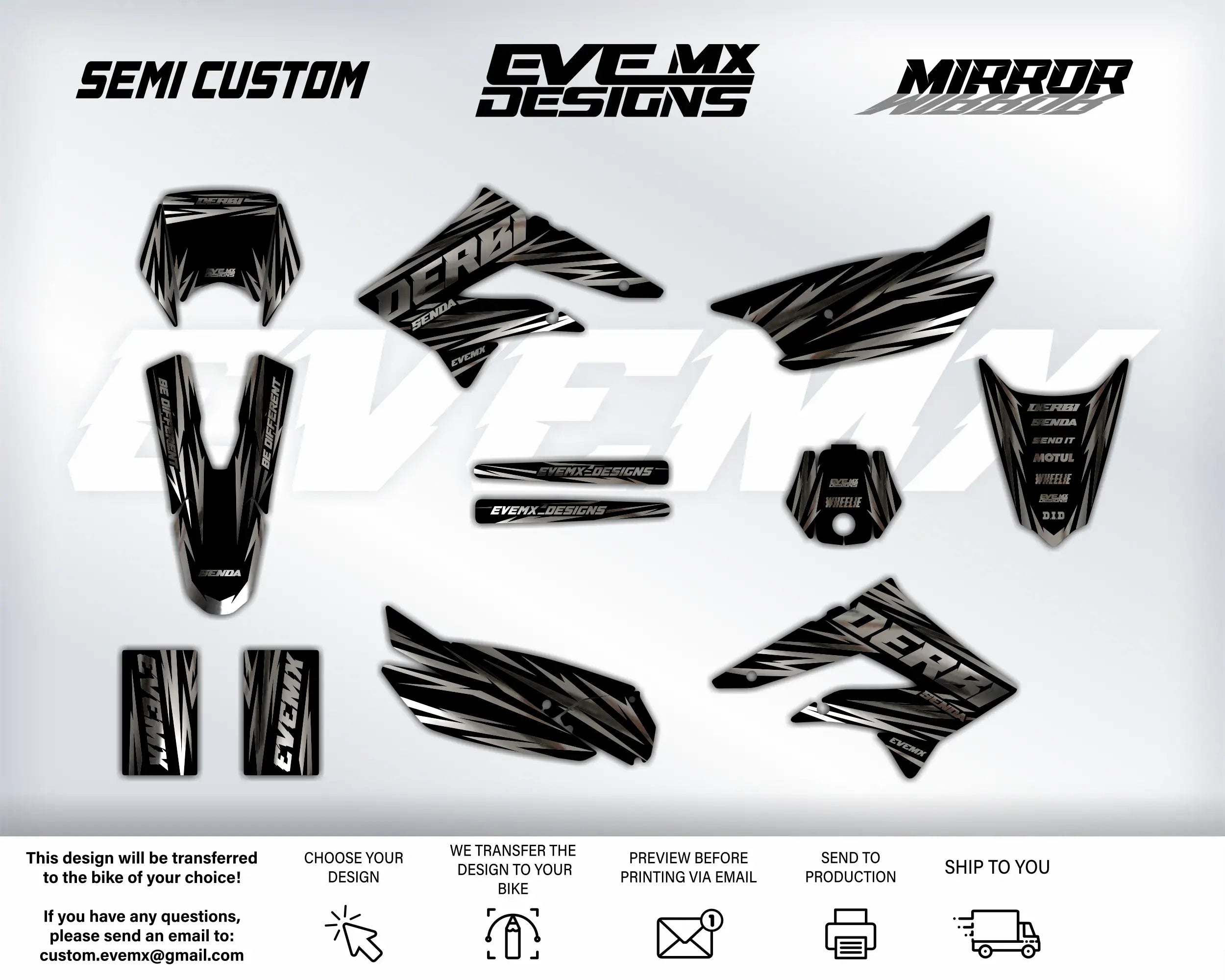 Collection of black motorcycle decals with EveMx Designs branding on a white background