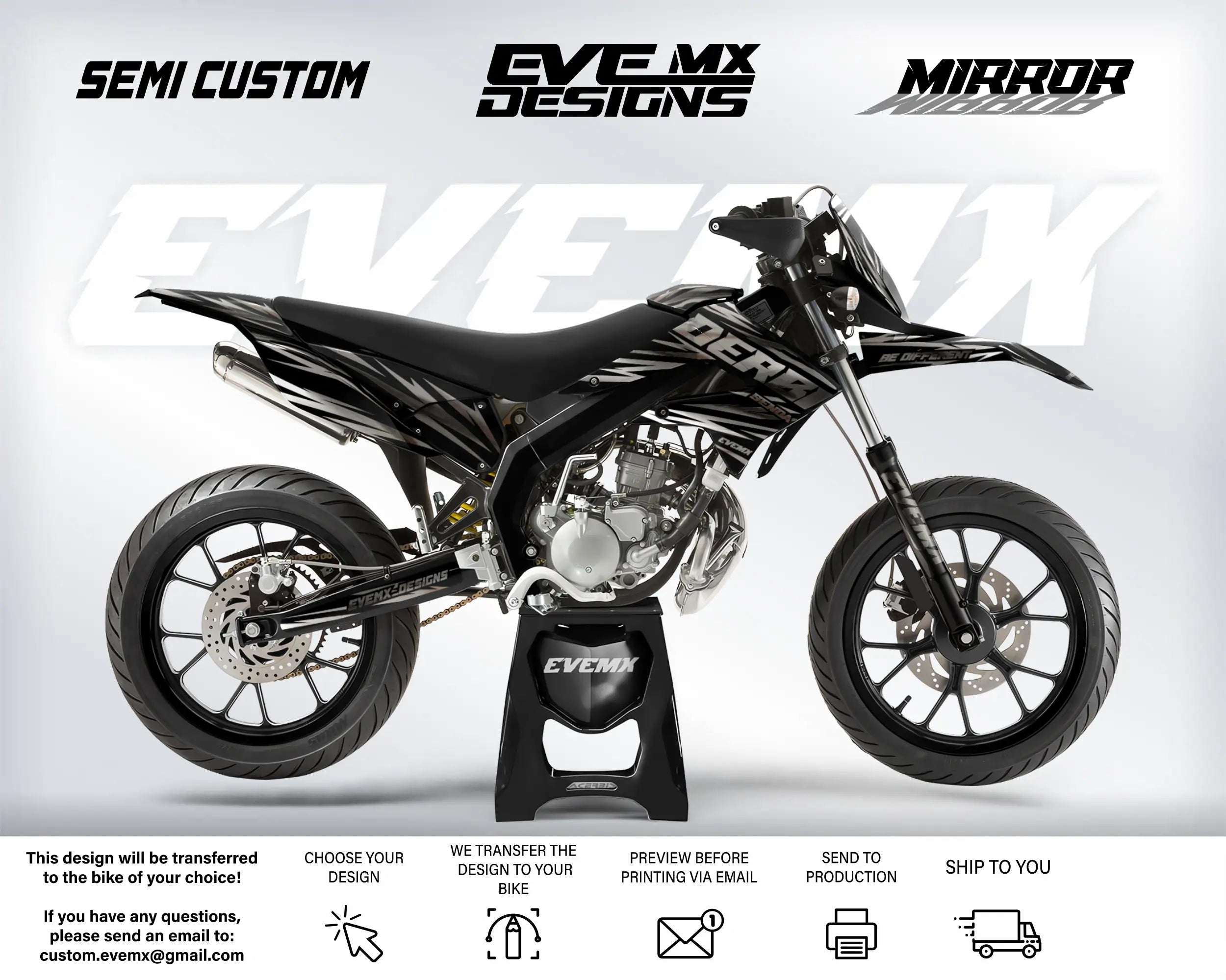 Motorcycle with 'EveMX Designs' branding on a white background