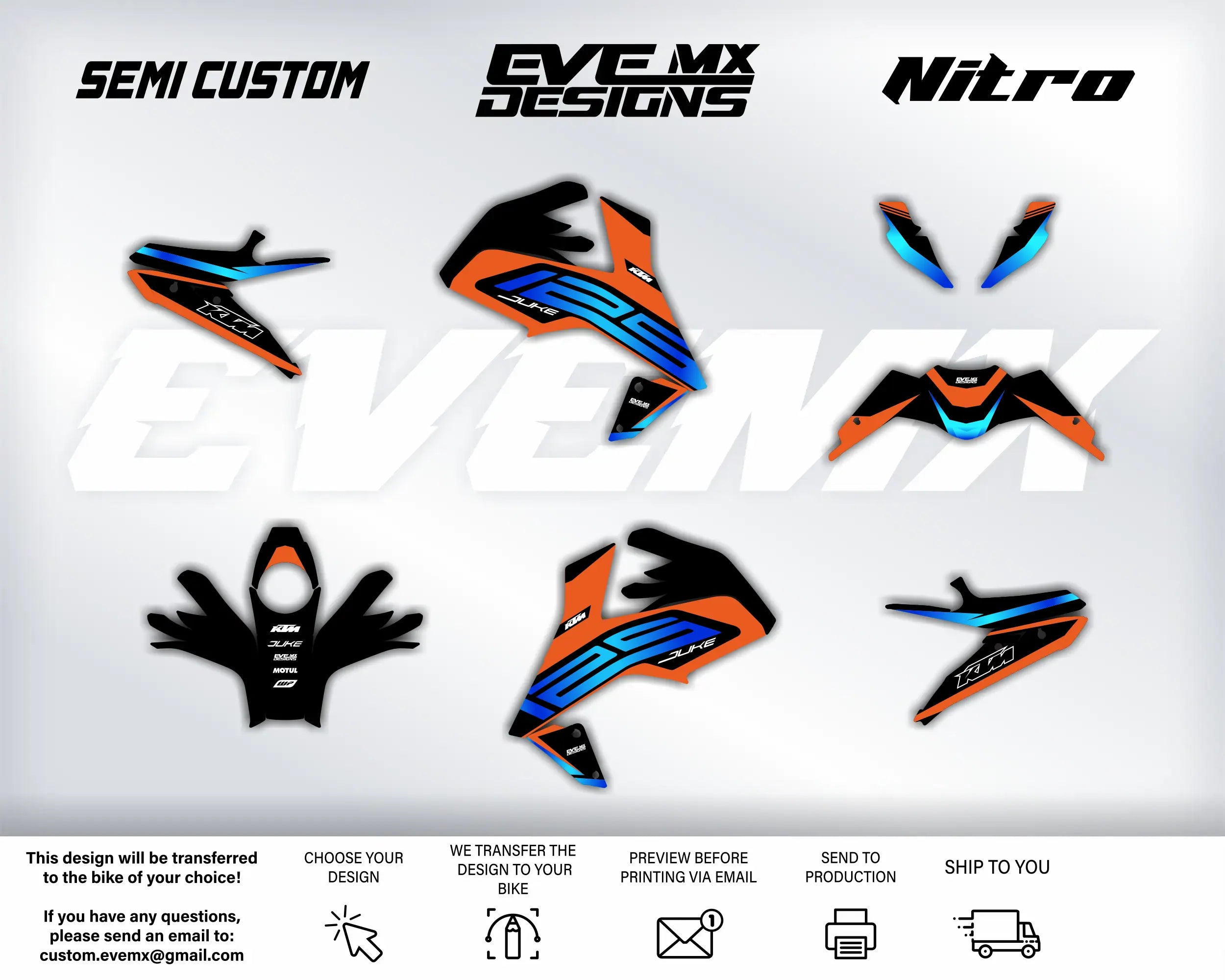 Collection of custom motorcycle decals with EveMX Designs branding on a white background