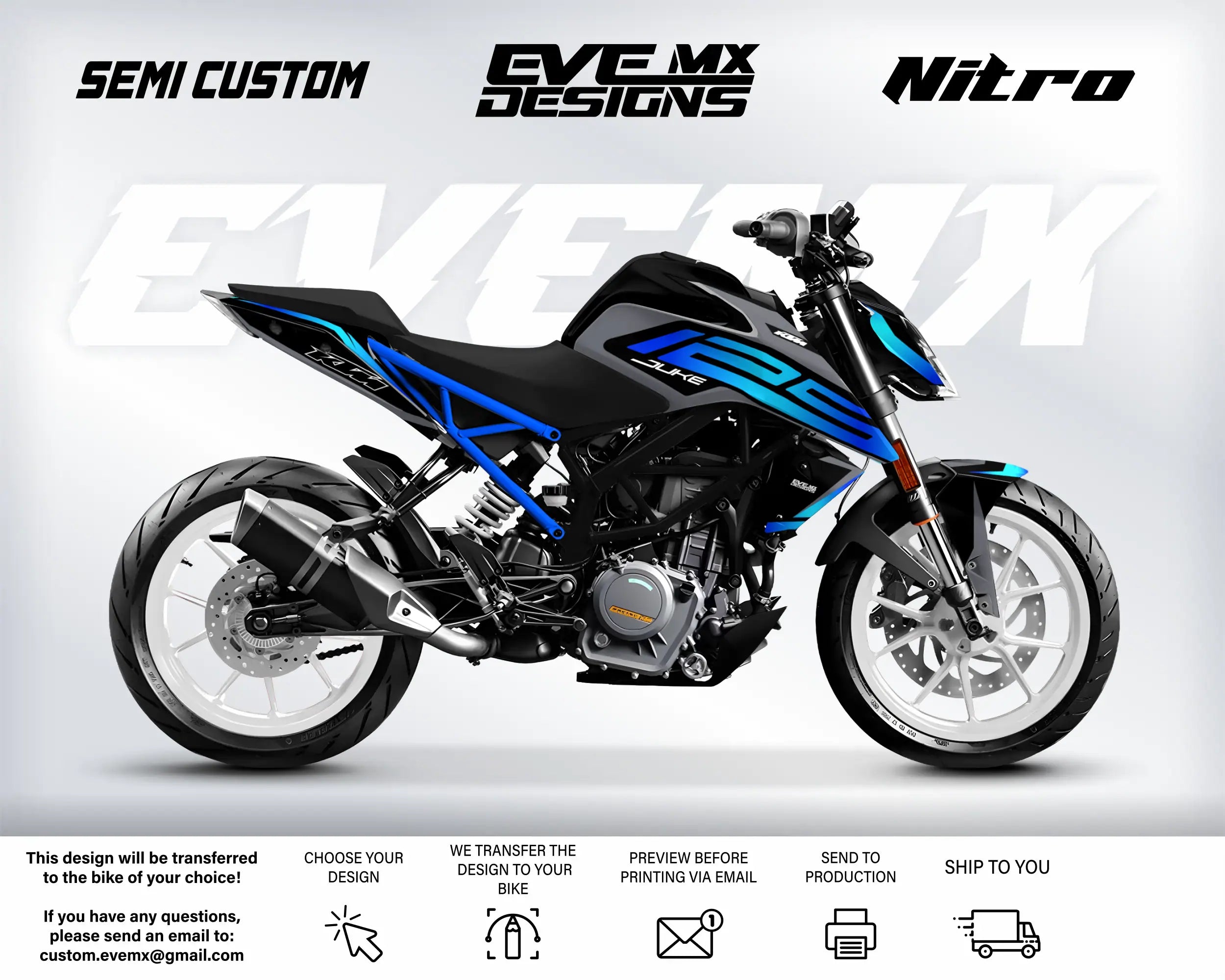 Motorcycle with blue and black design on a white background, featuring 'EVE MX Designs' branding.