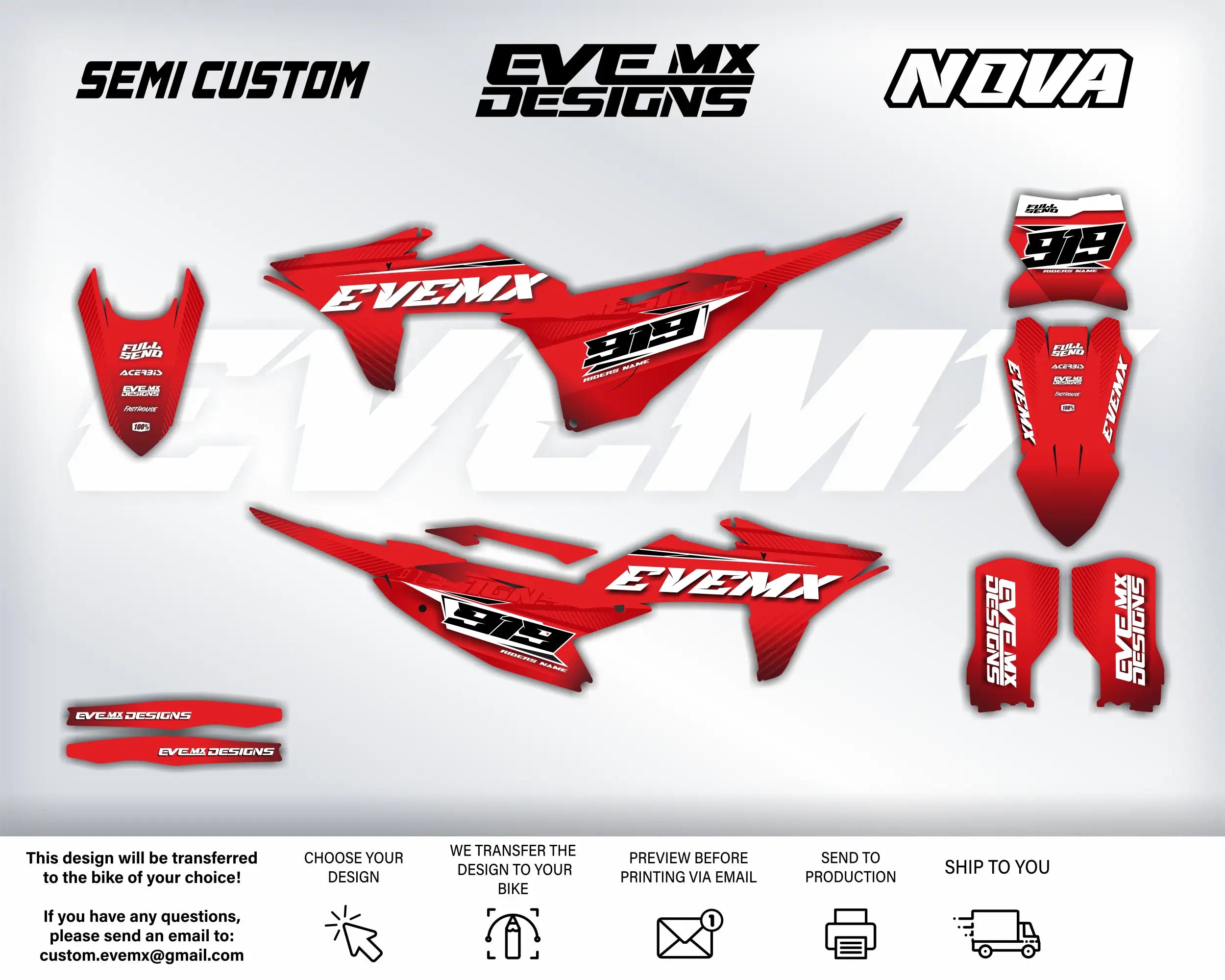 Red motorcycle decals with 'EVEMX Designs' branding on a white background