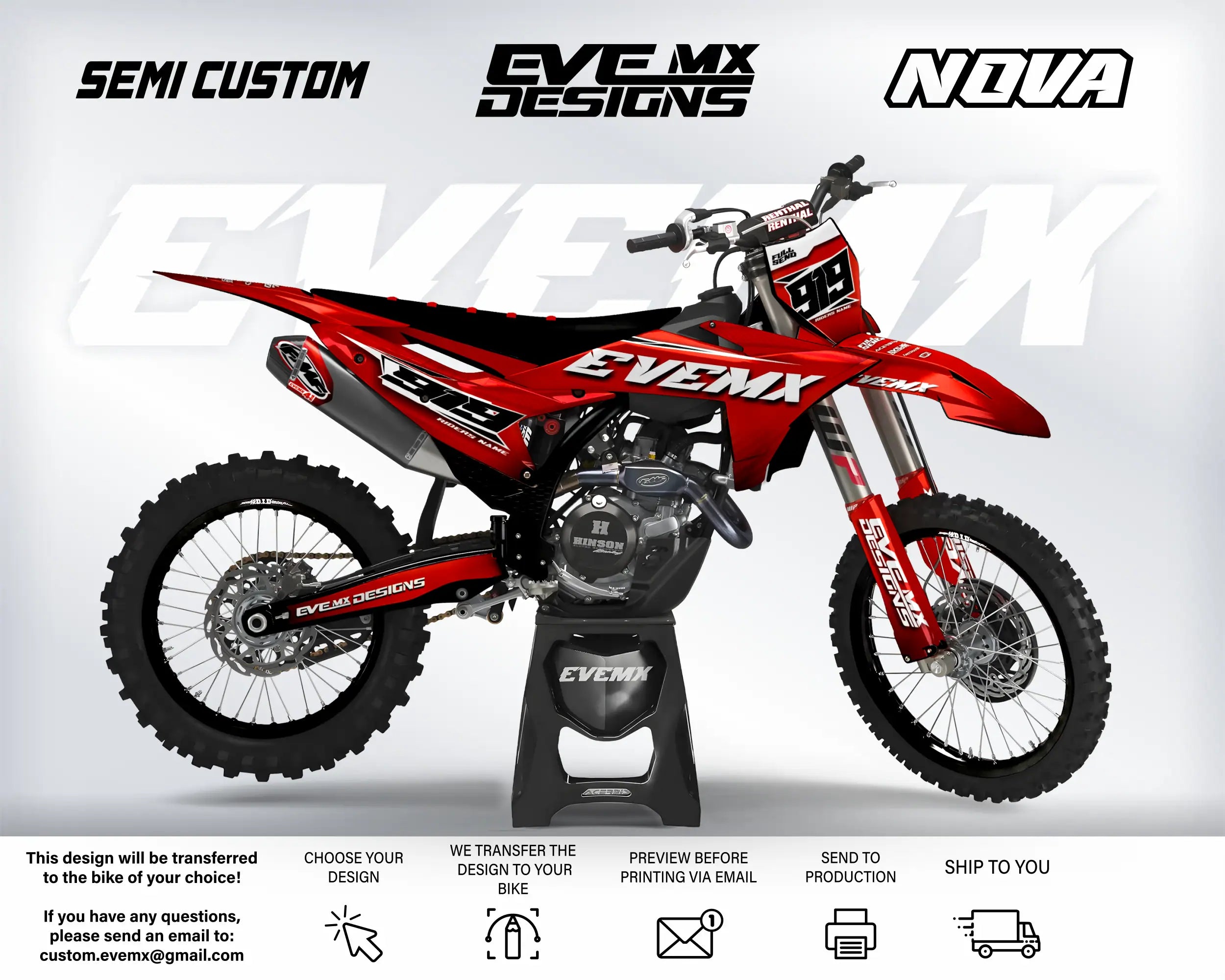 Red dirt bike with 'EVEMX' branding on a white background, featuring 'EveMX Designs' text.
