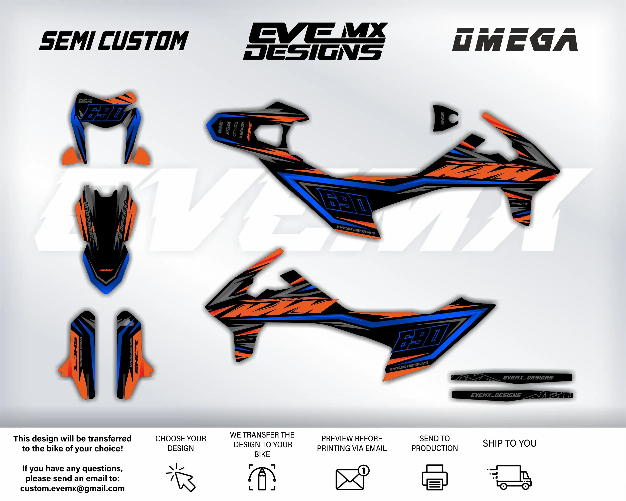Motorcycle decals with 'EveMX Designs' branding on a white background