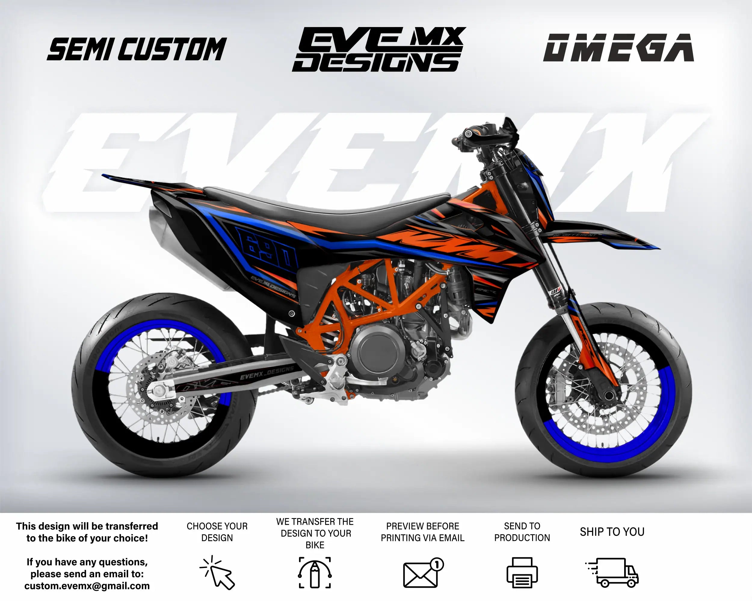 Motorcycle with 'EveMX Designs' and 'Omega' branding on a white background