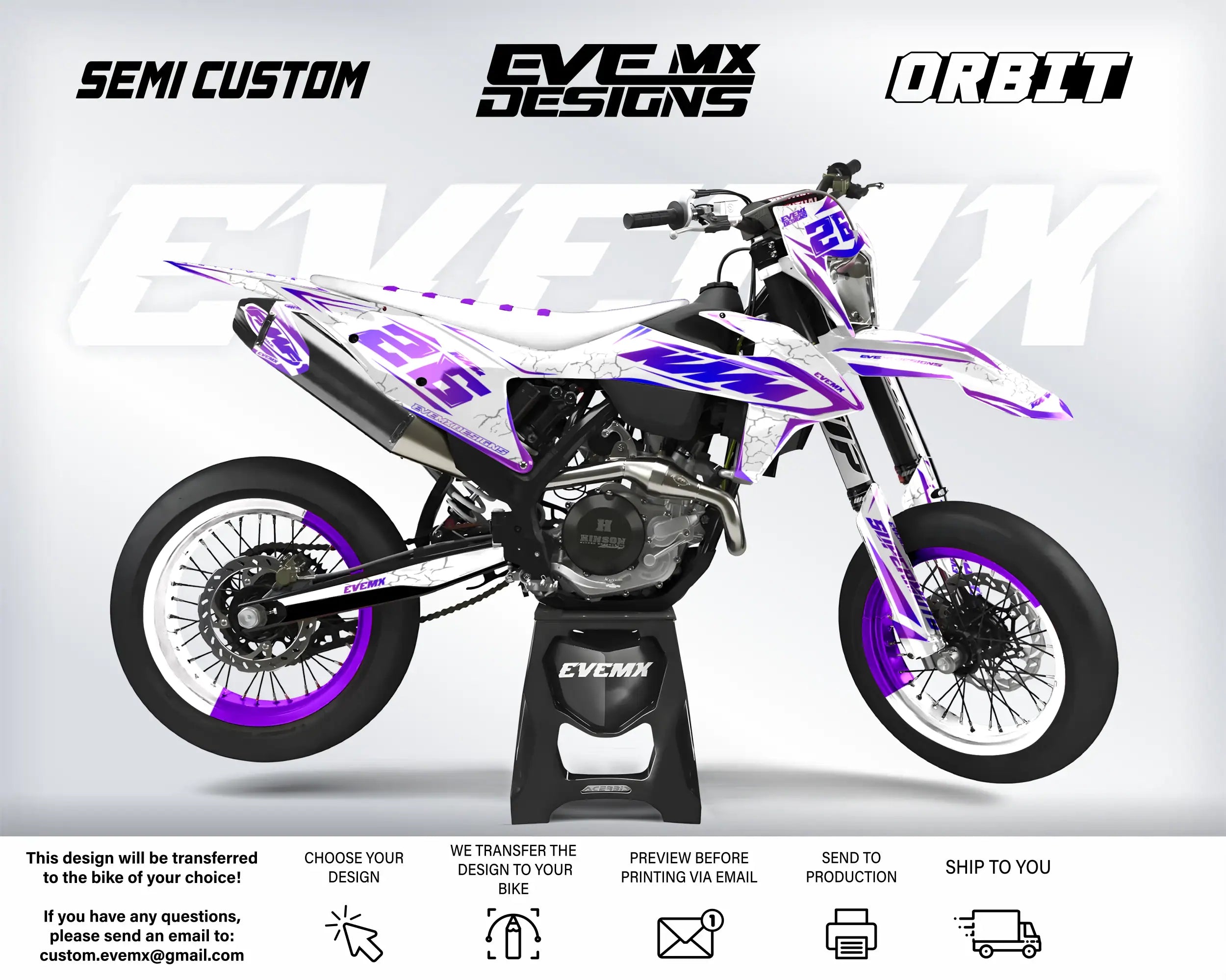 Motorcycle with purple and white design on a gray background, featuring 'EveMX Designs' branding.