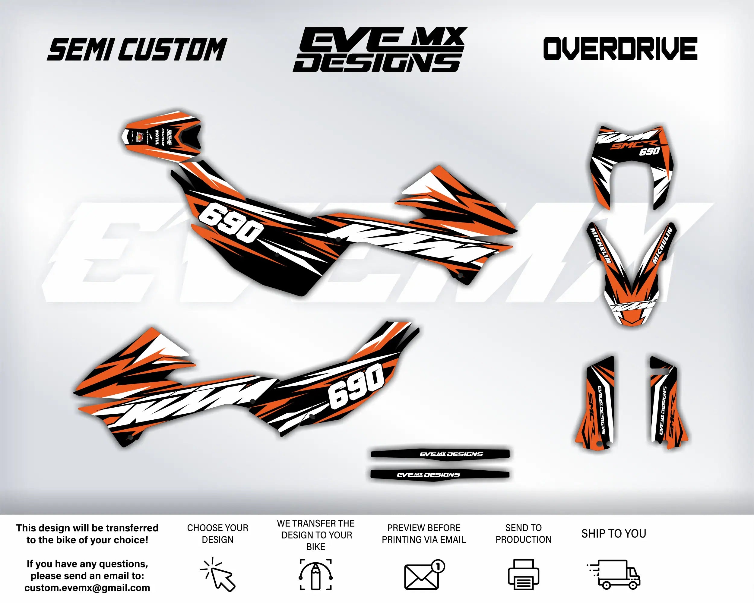 KTM motorcycle graphics with 'EveMX Designs' branding on a white background