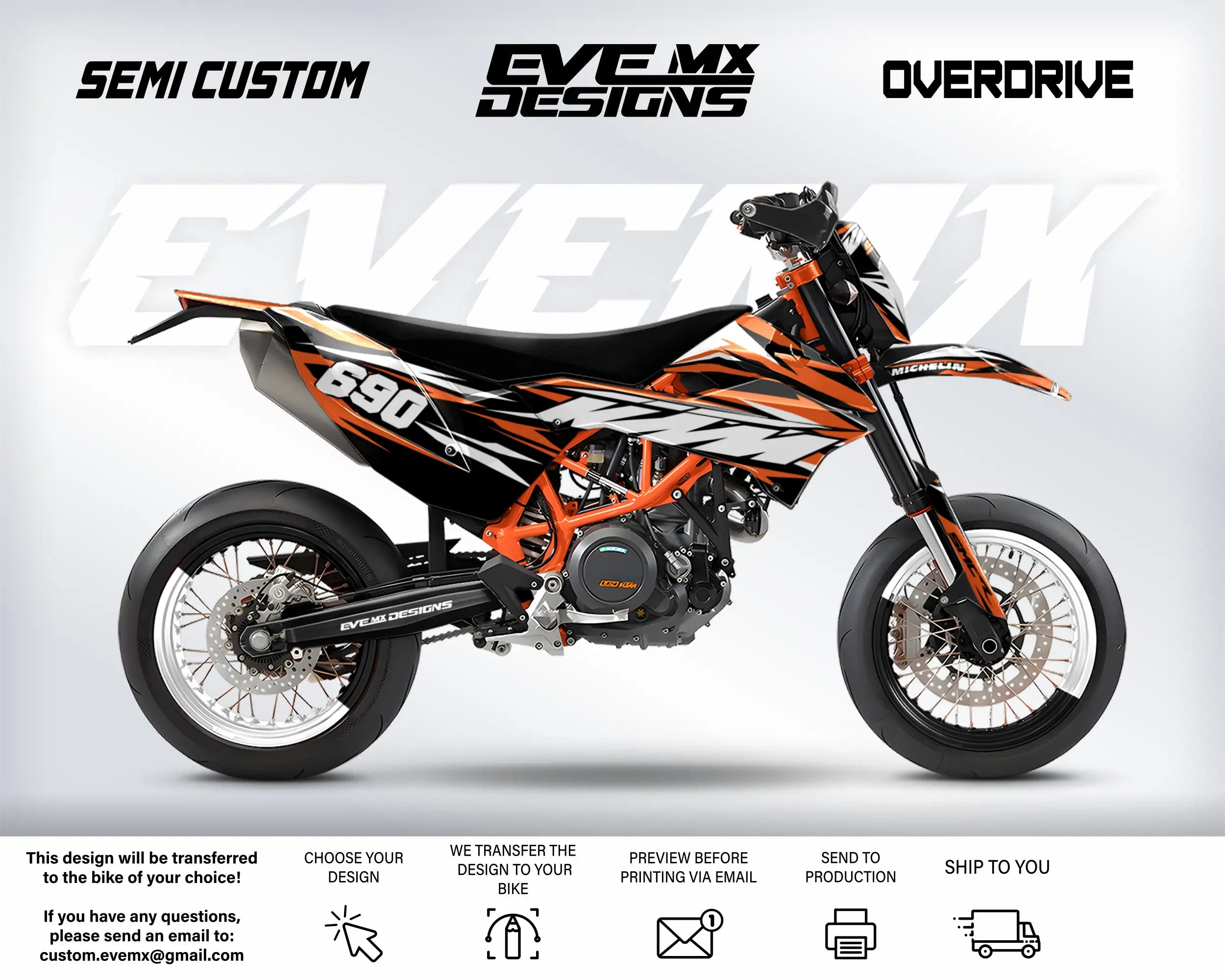 Motorcycle with custom design elements on a white background, featuring EveMx Designs branding and design services text.