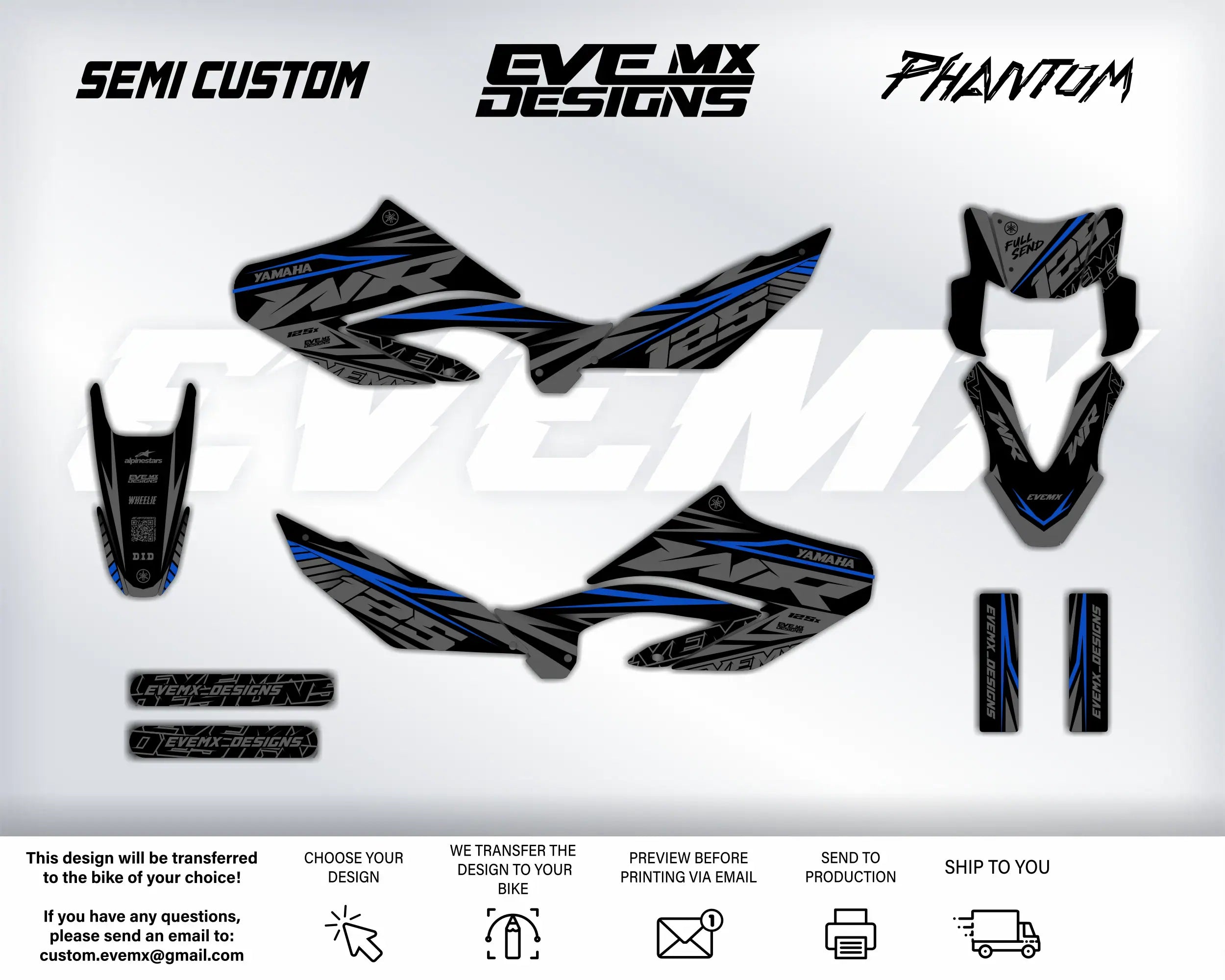 Motorcycle graphics kit with 'Semi Custom', 'EveMX Designs', and 'Phantom' branding on a white background.