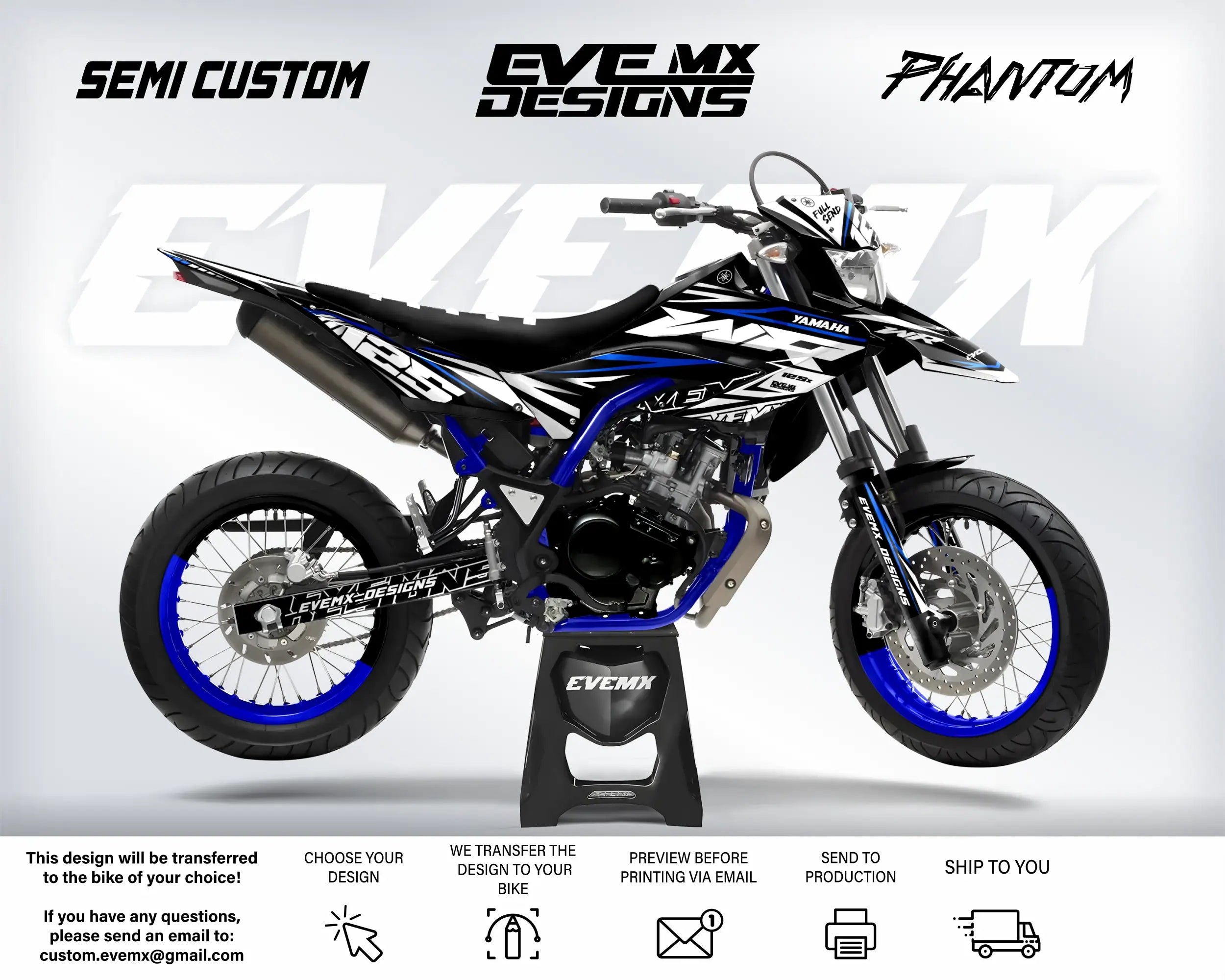 Motorcycle with 'EveMX Designs' branding on a gray background