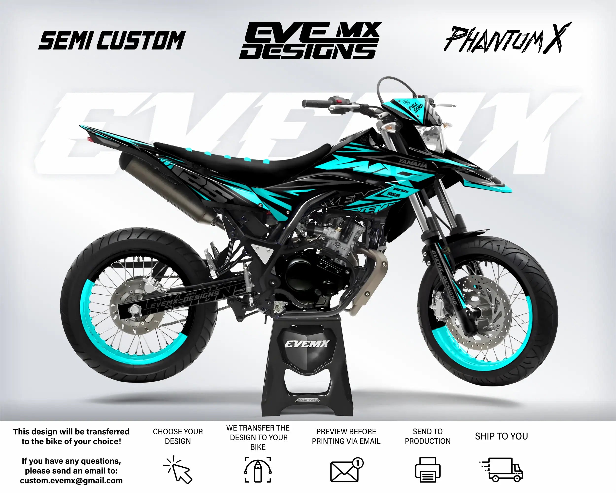 Motorcycle with teal and black design on a white background, featuring 'EveMX Designs' branding.