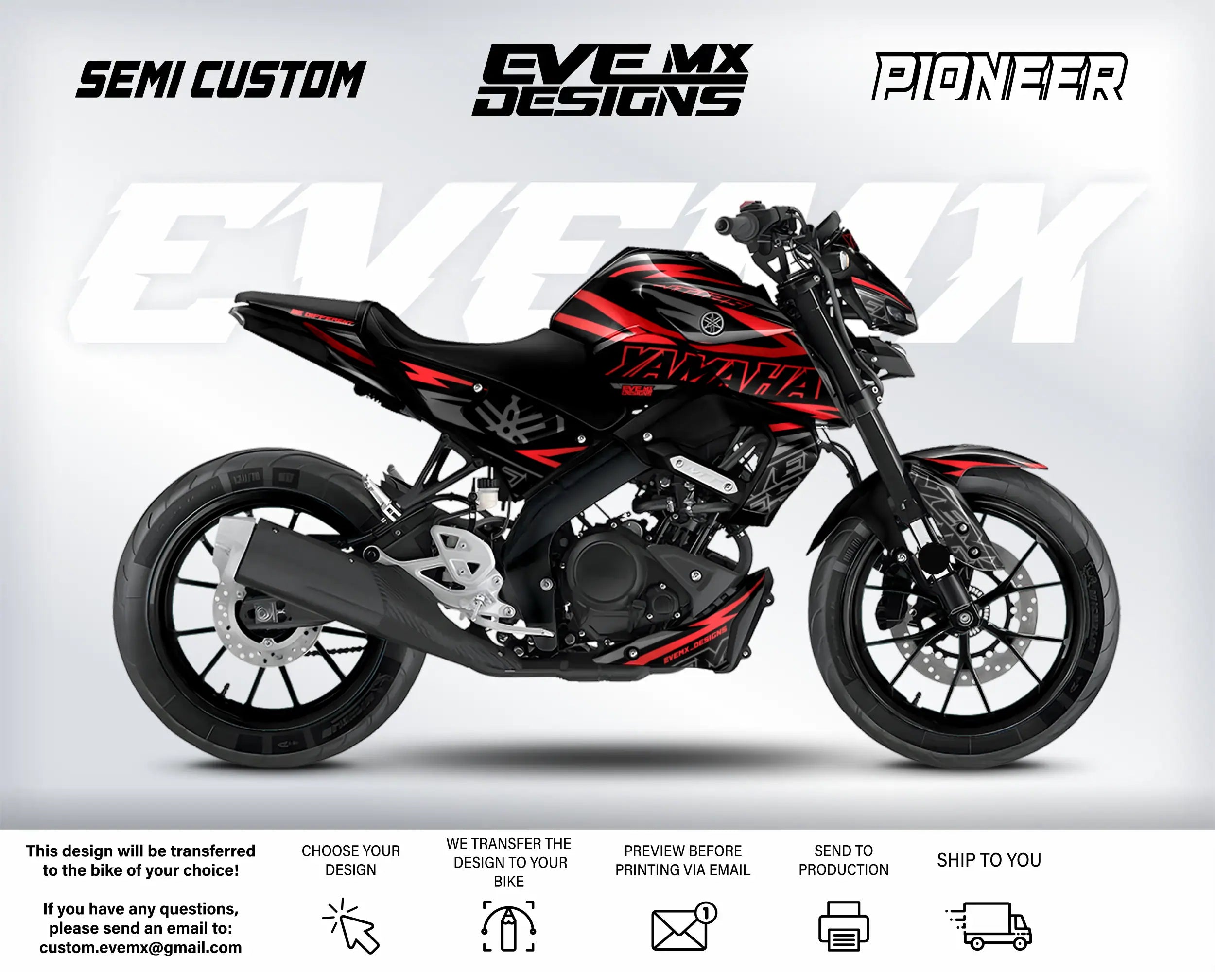 Motorcycle with red and black design on a white background, featuring 'EveMX Designs' branding.