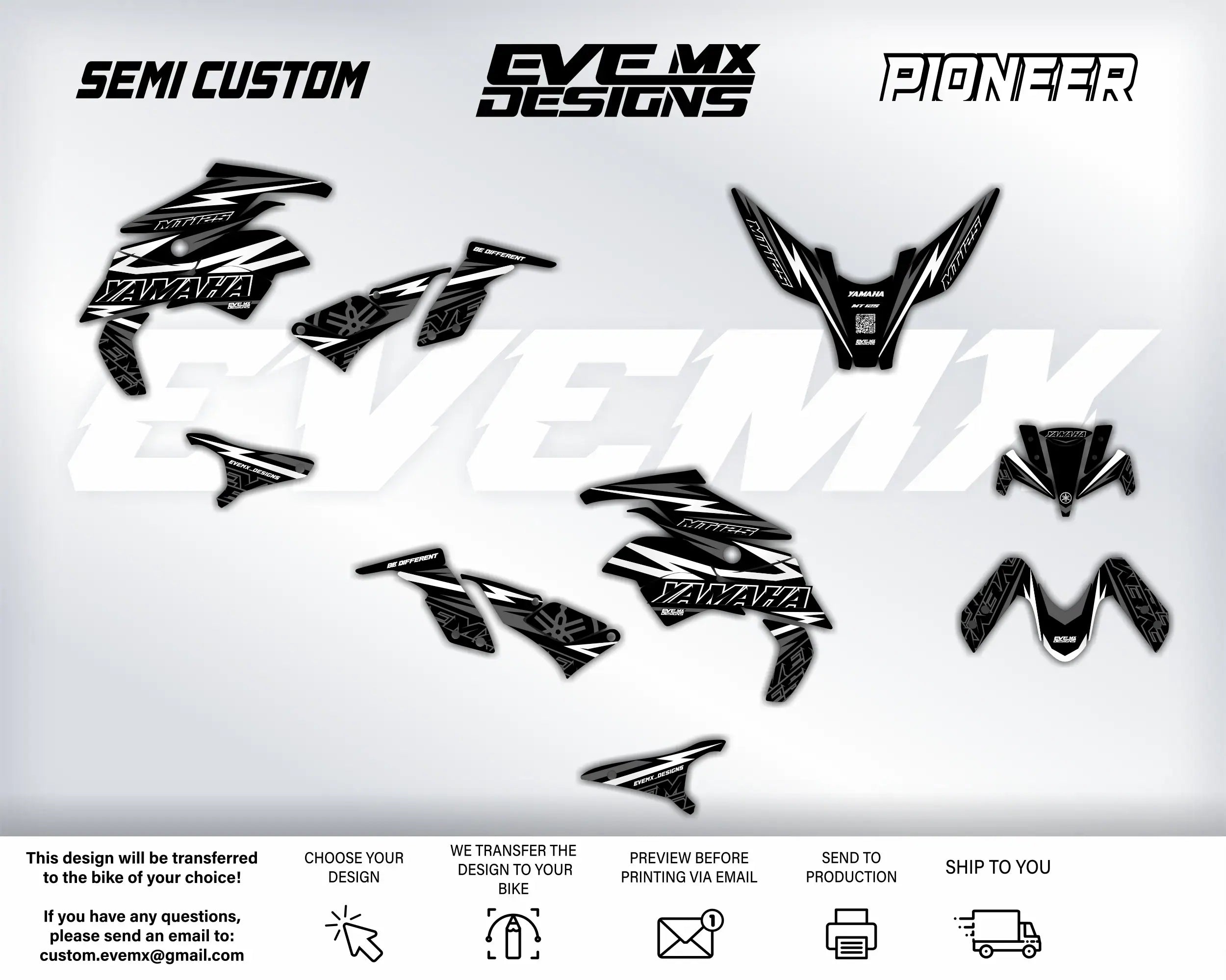 Set of black and white graphics with EveMX Designs brand names on a white background
