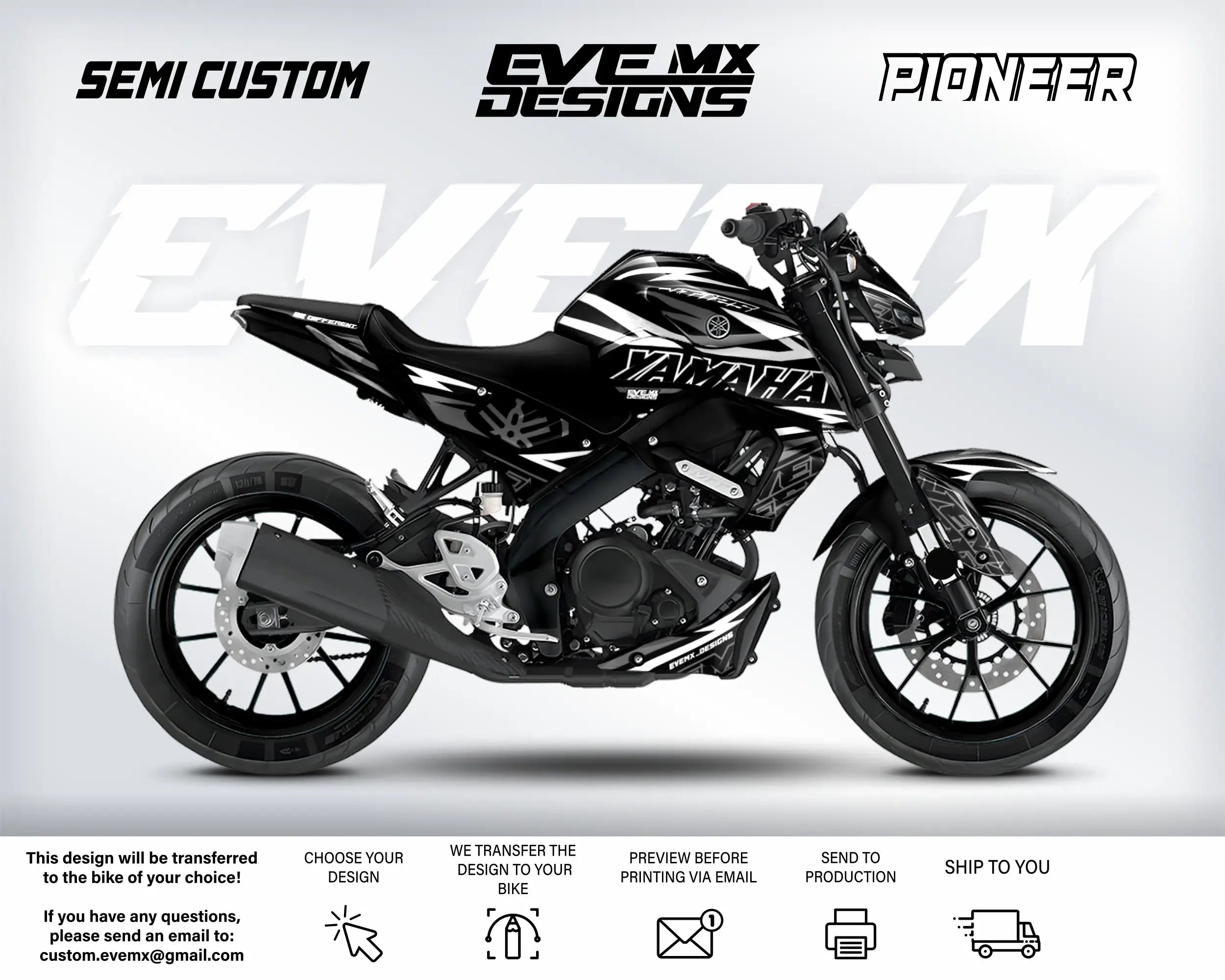 Black Yamaha motorcycle with customization options on a white background Evemx Designs