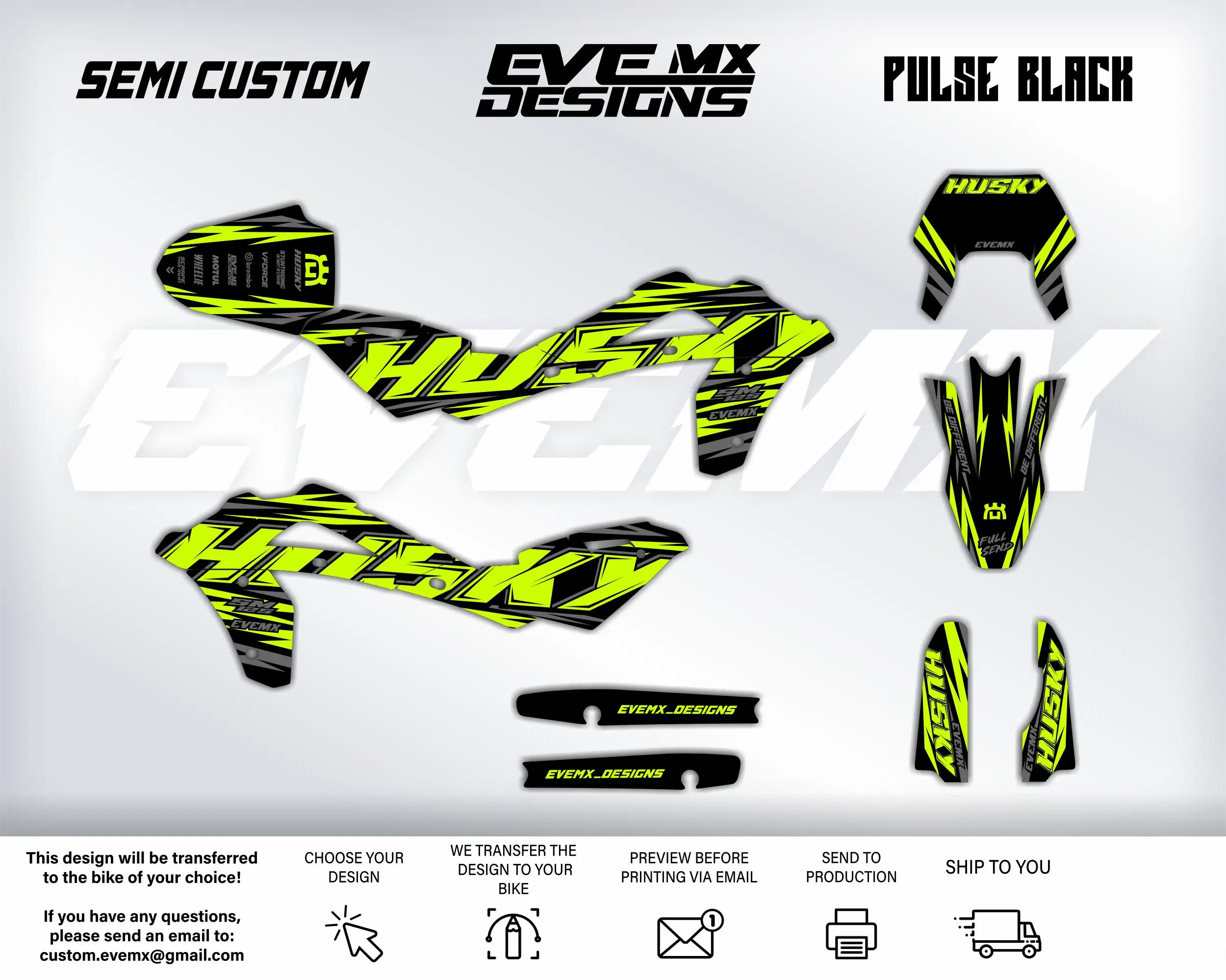 Motocross decals with Husky branding on a white background, featuring SEMI CUSTOM, EVEMX DESIGNS, and PULSE BLACK text.