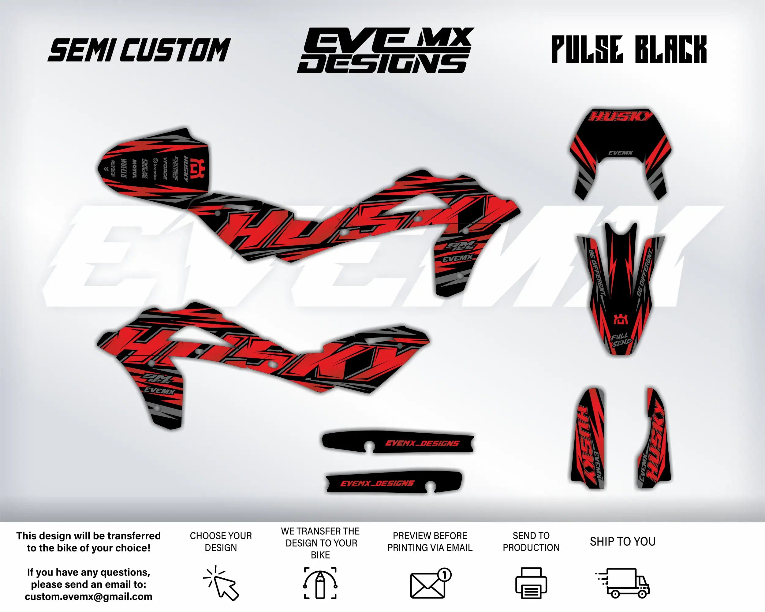 Motocross decals with Husky branding on a white background, featuring the text 'EVEMX Designs' and 'Pulse Black'.