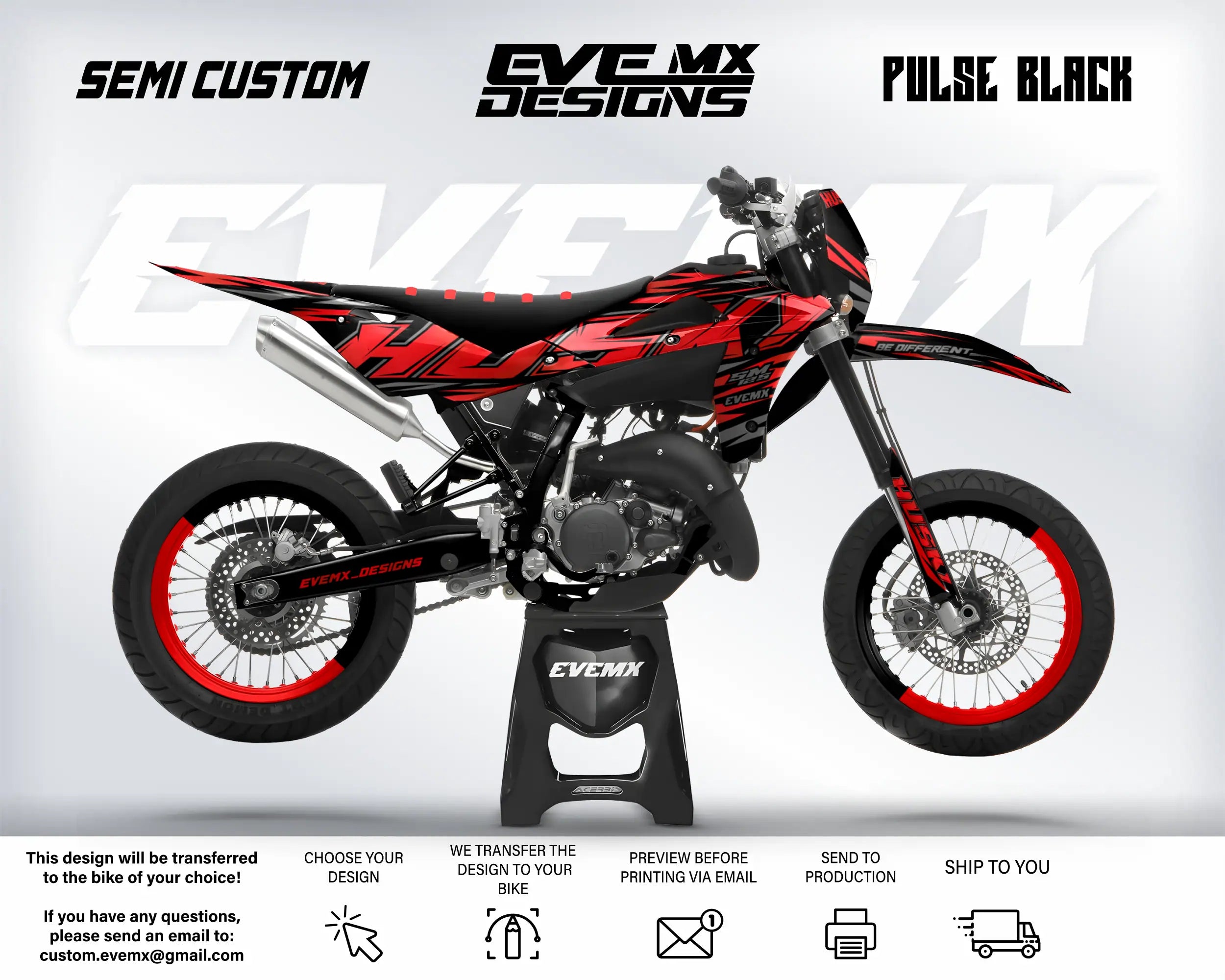 Motorcycle with 'EveMX Designs' branding on a white background
