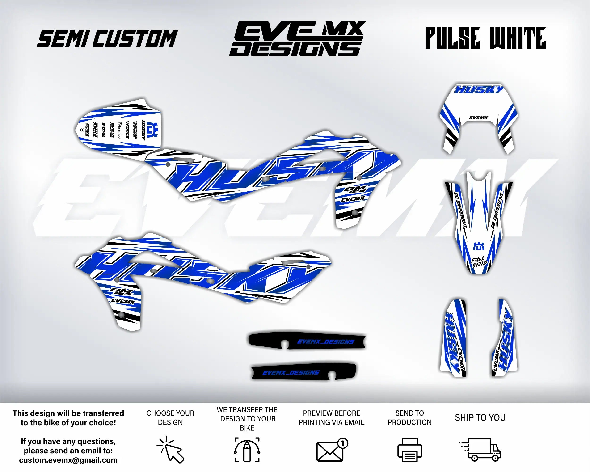 Motorcycle wrap design with Husky EveMx Designs branding on a white background