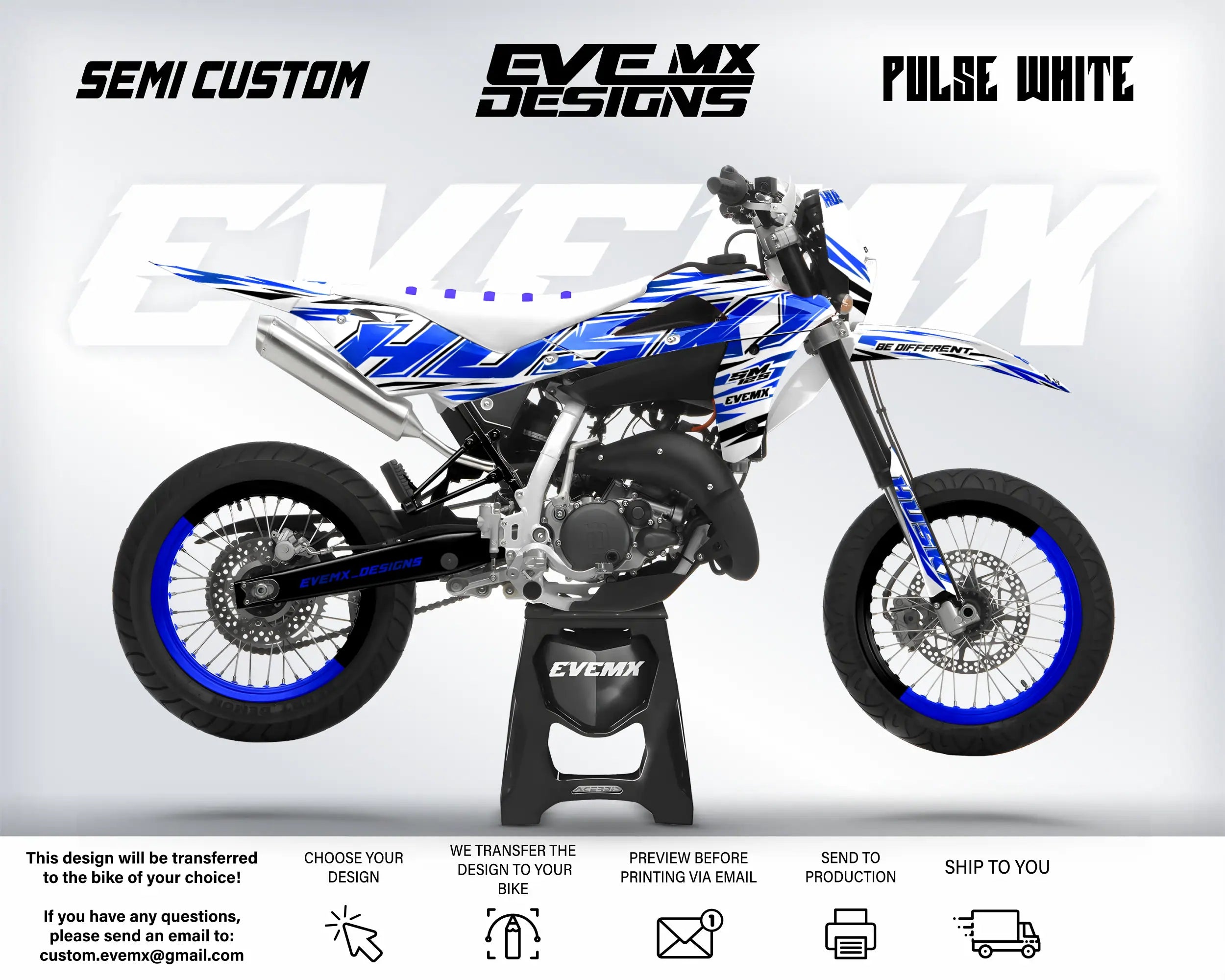Motorcycle with 'EveMX Designs' branding and 'Pulse White' color scheme on a white background.