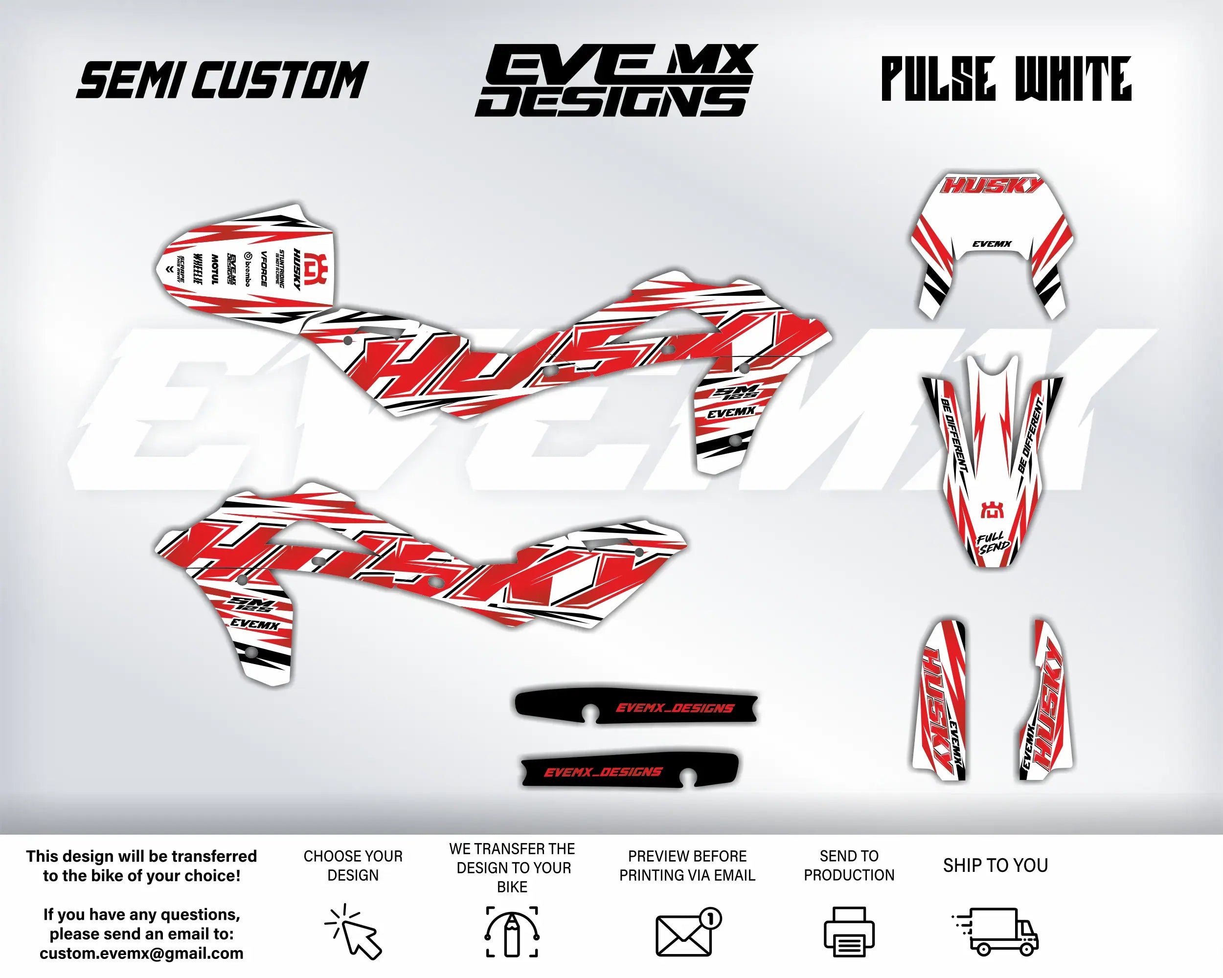 Husky motorcycle decals with 'EVEMX Designs' branding on a white background