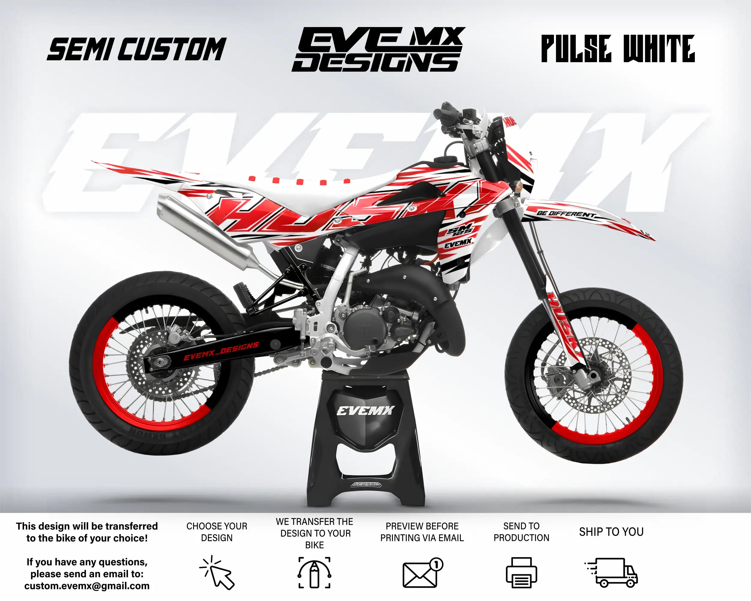 Motorcycle with 'EveMX Designs' branding on a white background