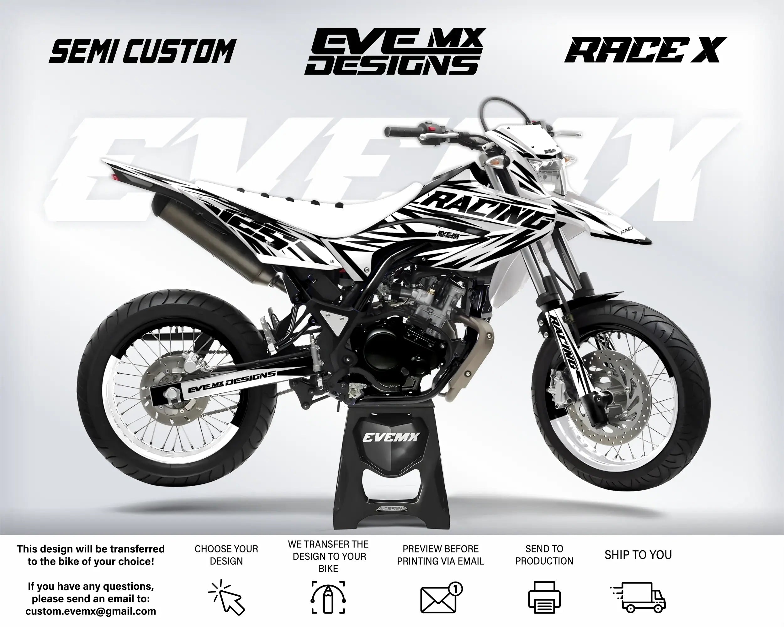 Motorcycle with 'EveMX Designs' and 'Race X' branding on a white background