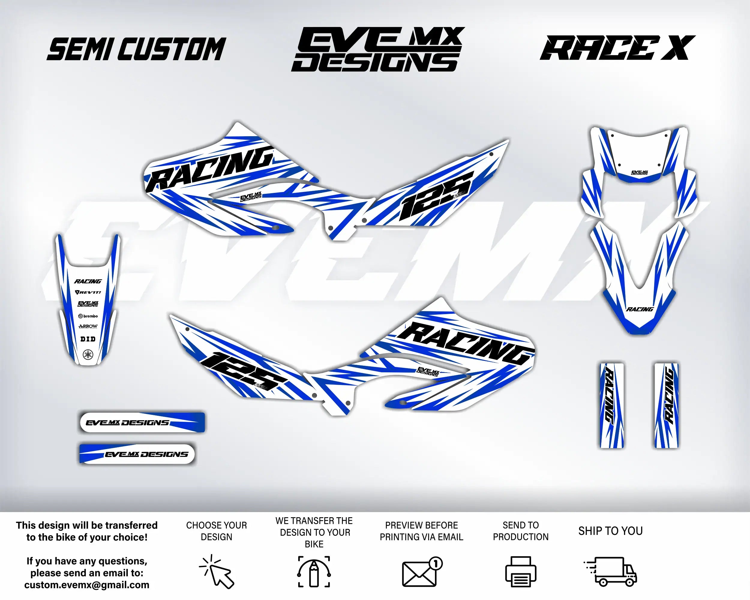 Motorcycle wrap design with 'EVEMX Designs' branding on a white background