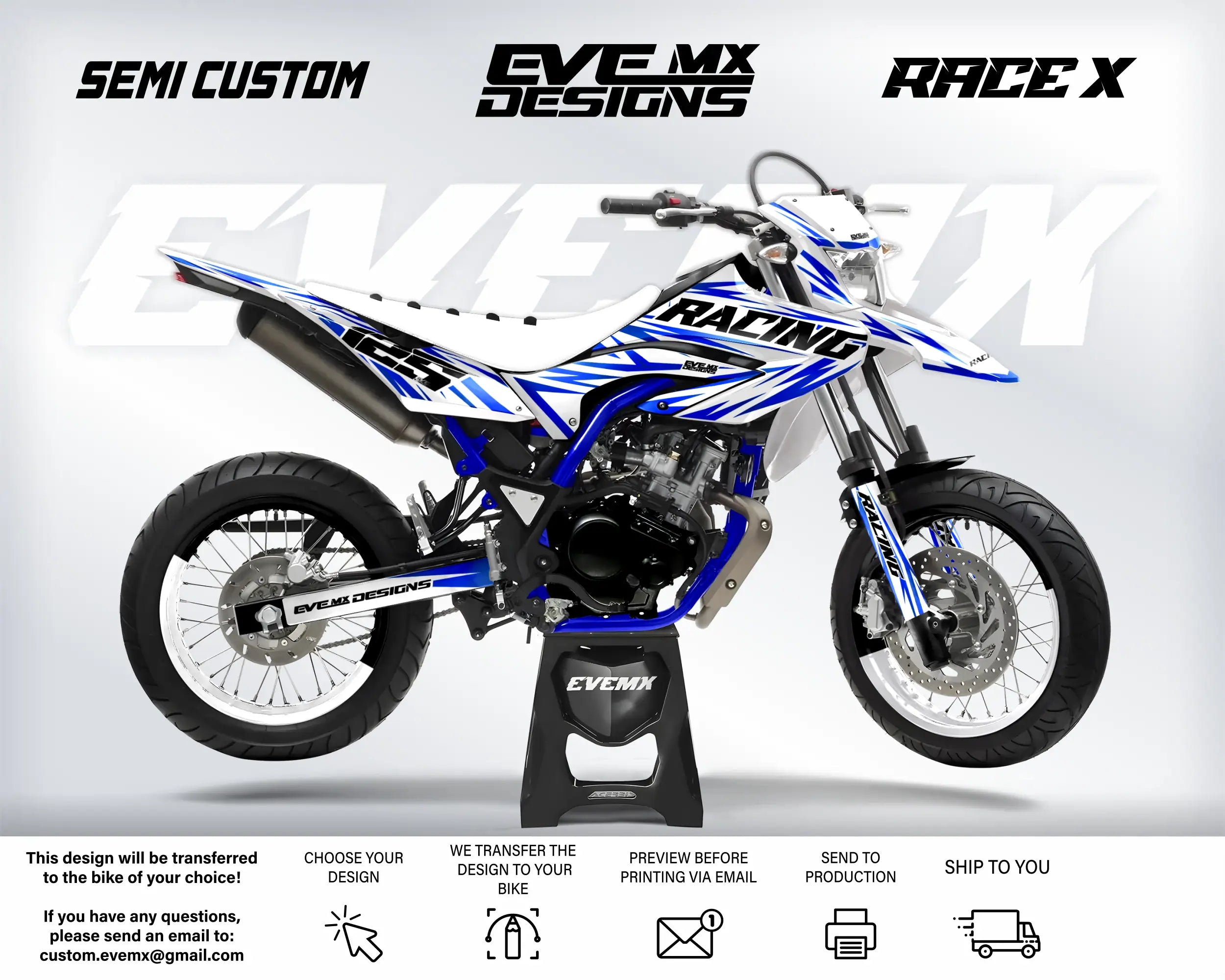 Motorcycle with 'EveMX Designs' branding on a gray background