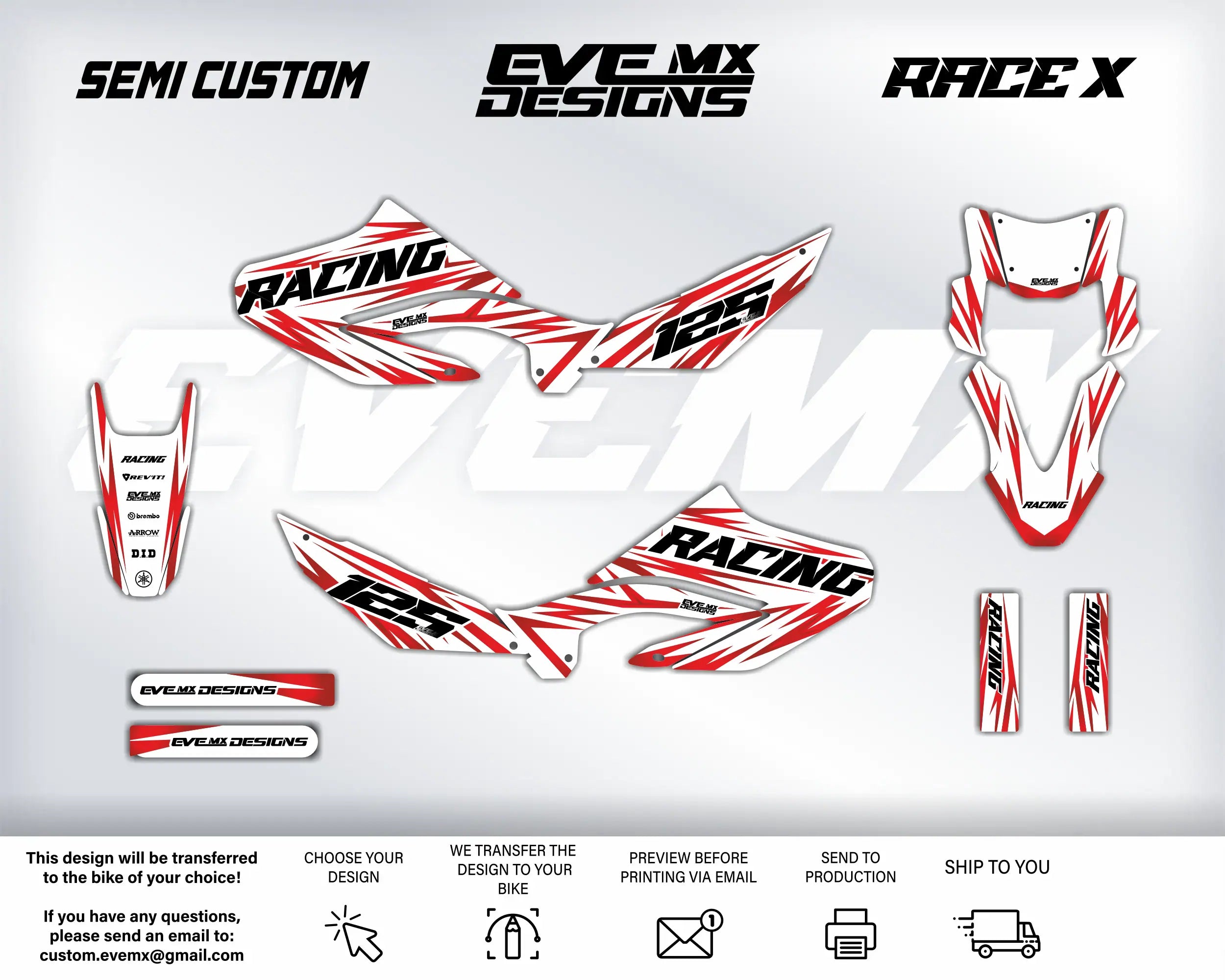 Motorcycle wrap design with 'EVEMX Designs' branding on a white background