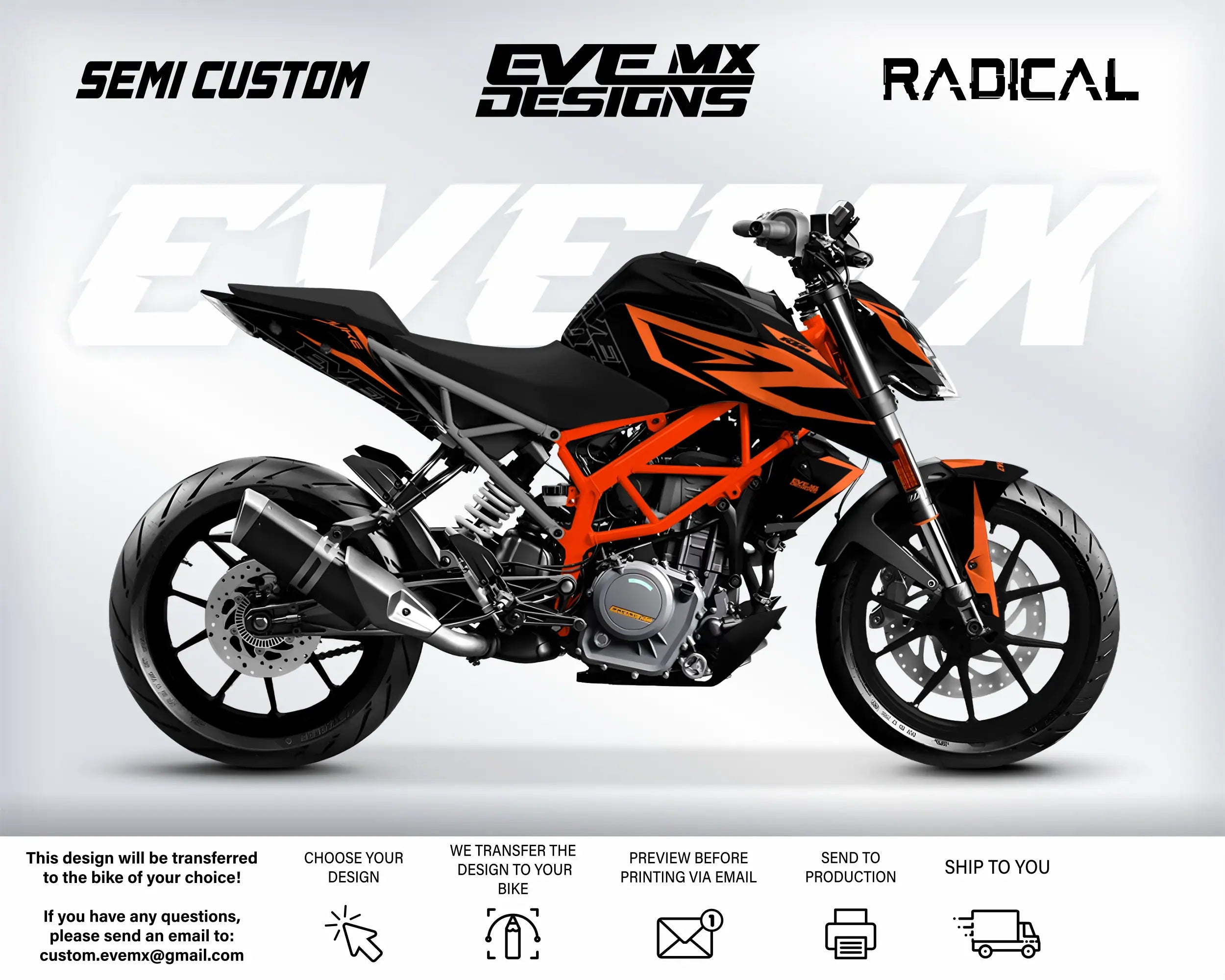 Motorcycle with 'EveMX Designs' branding on a white background