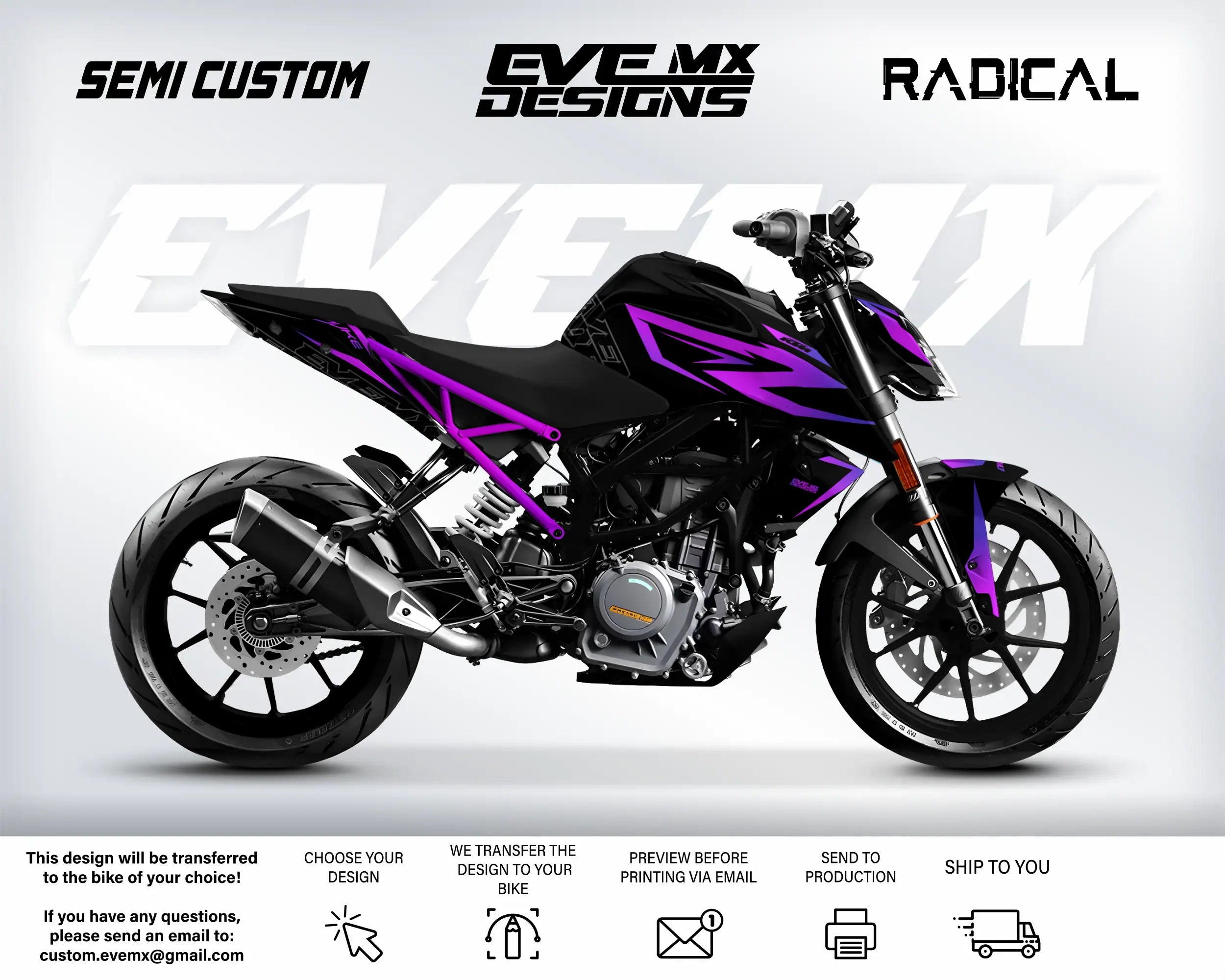 Motorcycle with purple design elements on a white background, featuring 'EveMX Designs' branding.