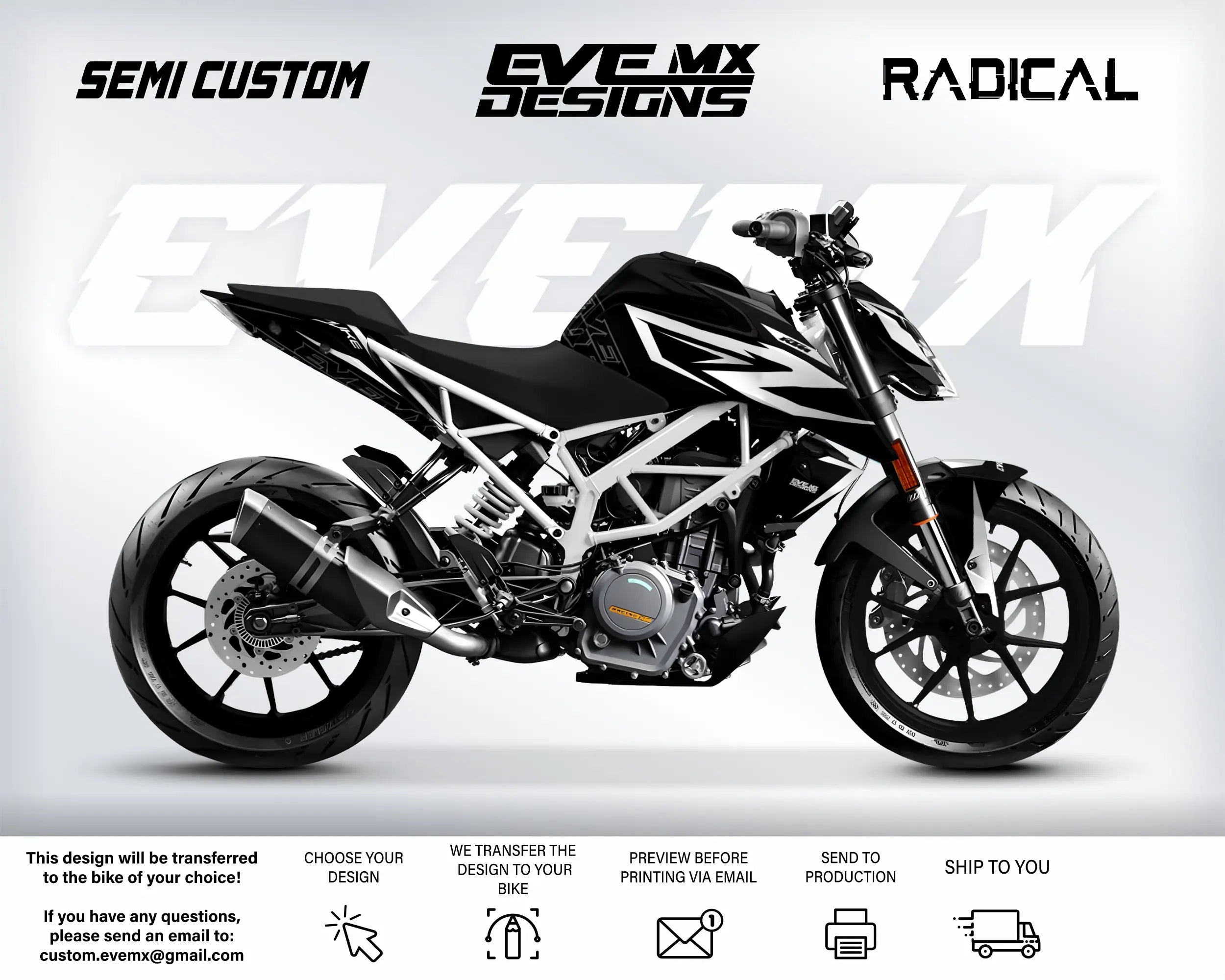 Motorcycle with 'EveMX Designs' branding on a white background