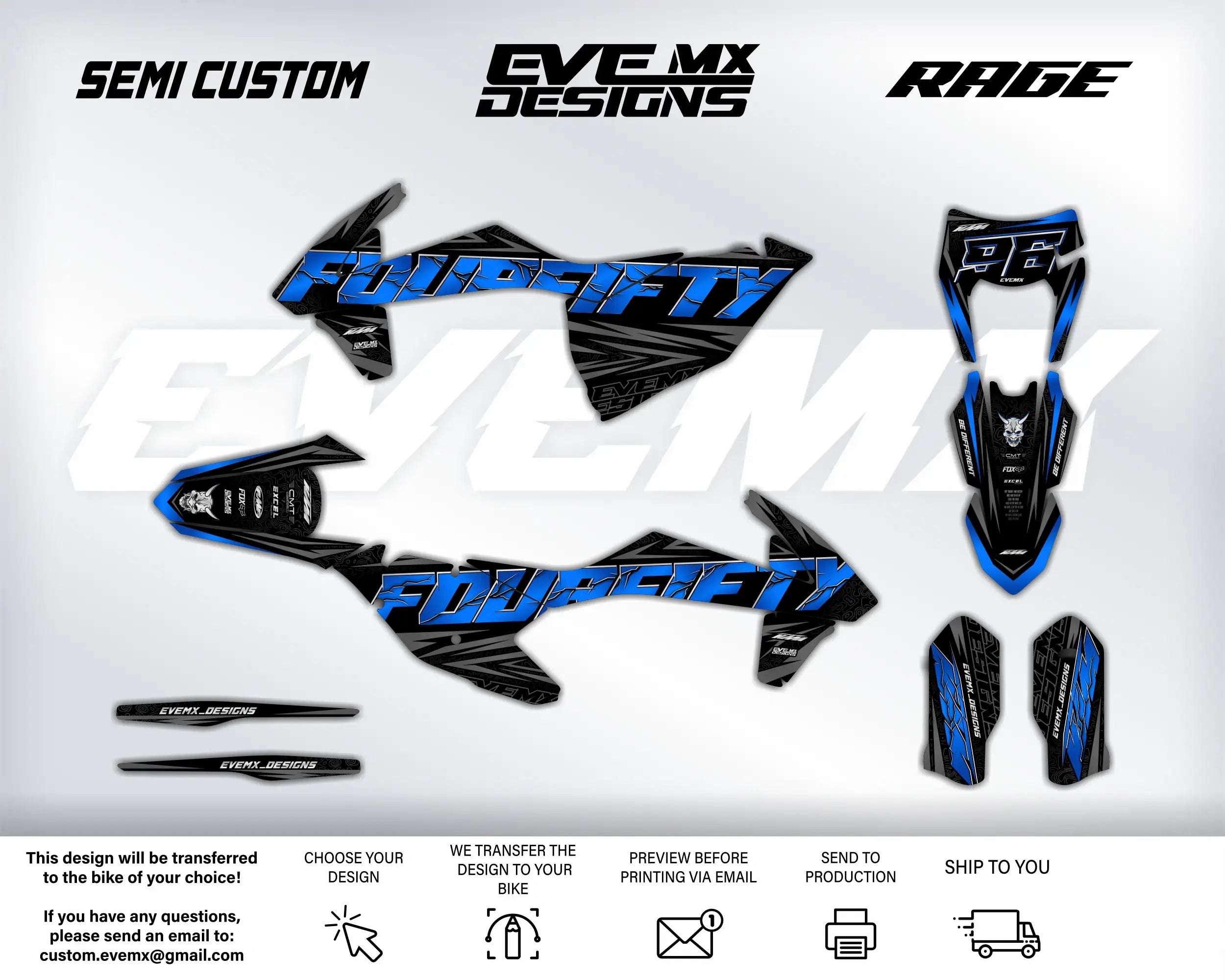 Motorcycle wrap design with 'Semi Custom', 'EveMX Designs', and 'Rage' branding on a white background.