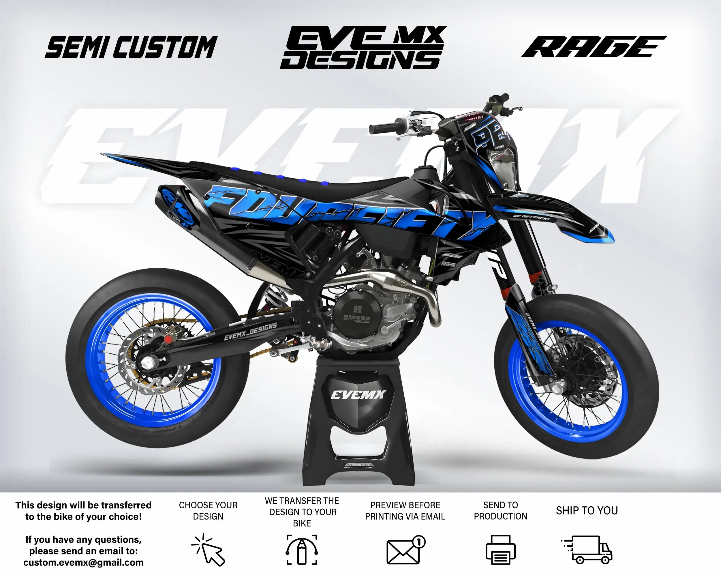 Motorcycle with 'EveMX Designs' and 'Rage' branding on a white background