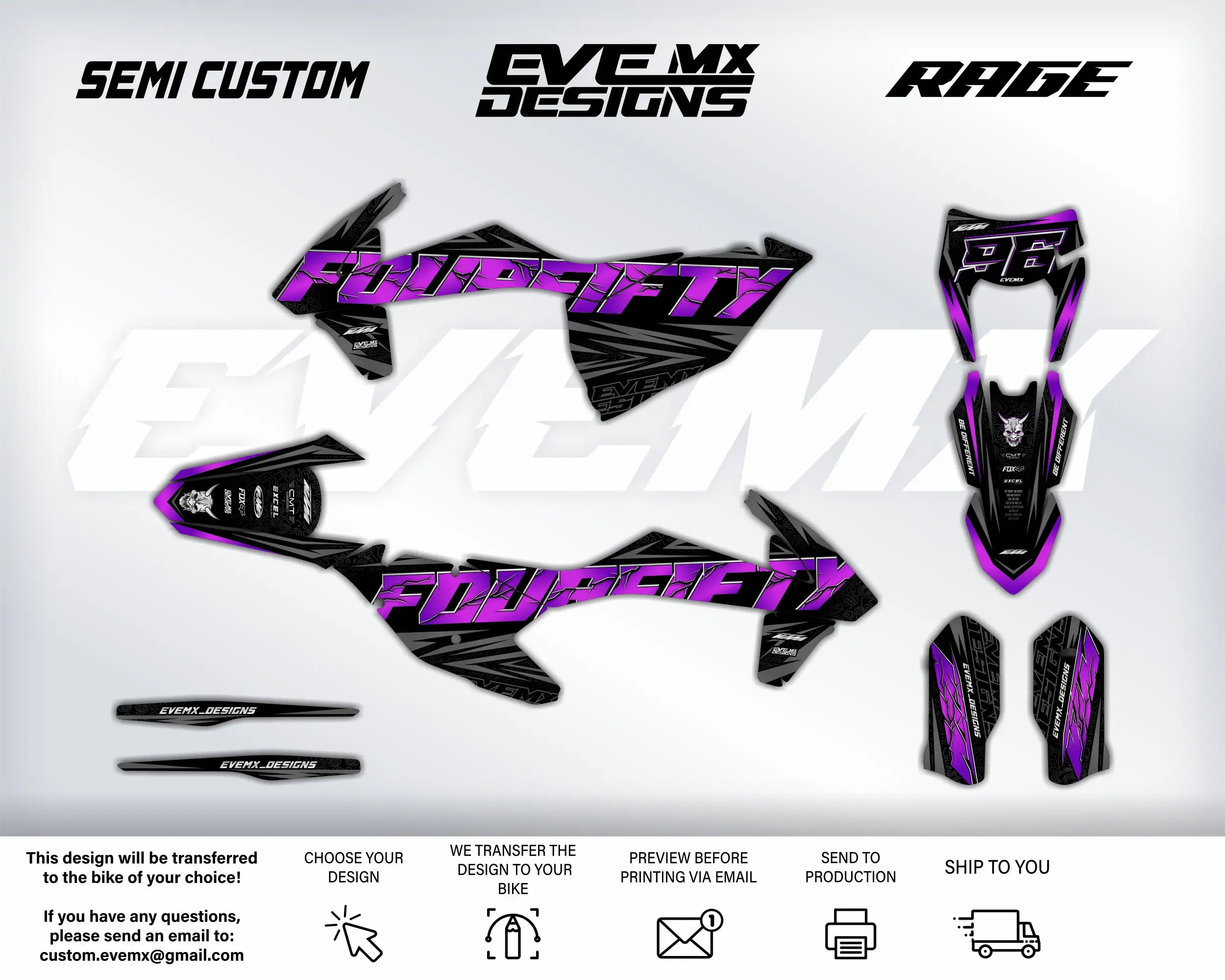 Motorcycle graphics kit with 'Fougaity' design on a white background, featuring EveMx Designs branding text.