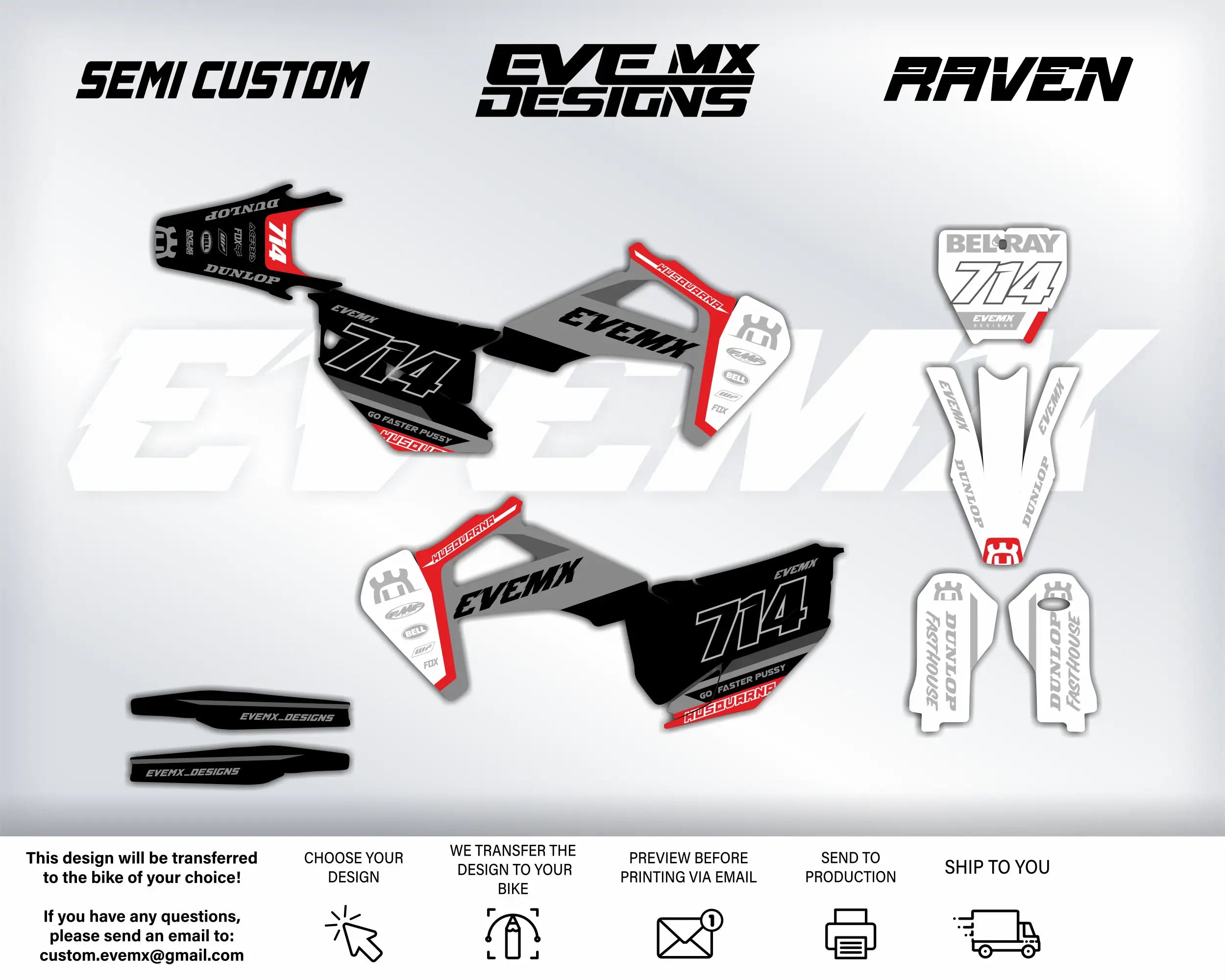 Motorcycle decals with 'EVEMX Designs' branding on a white background
