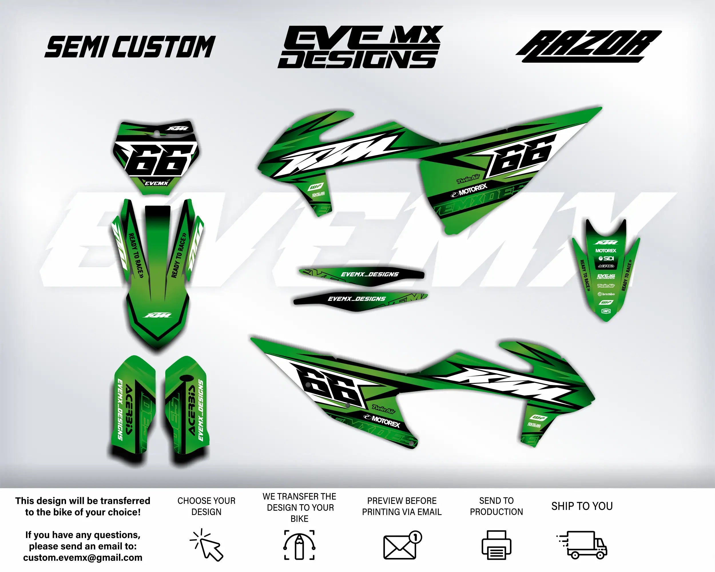 Motorcycle decals with EveMx Designs branding on a white background