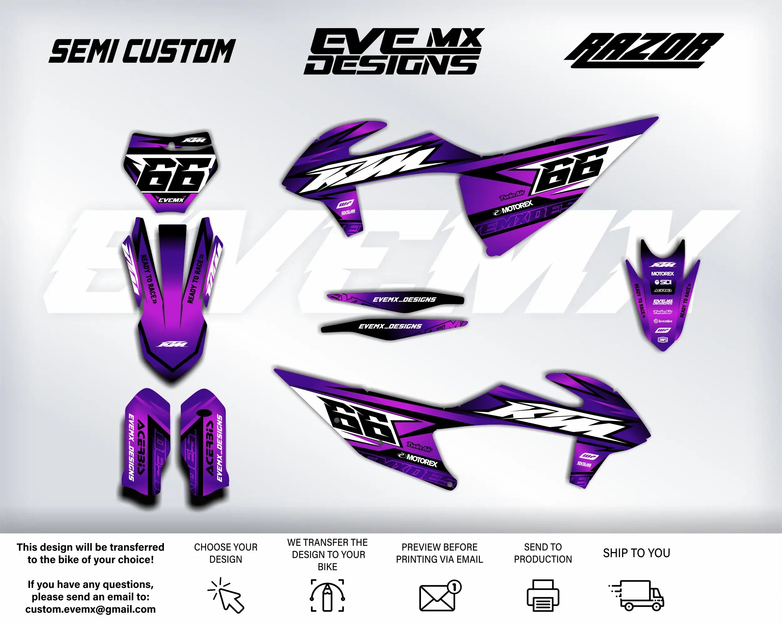 Motorcycle wrap design with 'Semi Custom', 'EveMX Designs', and 'Razor' branding on a white background.