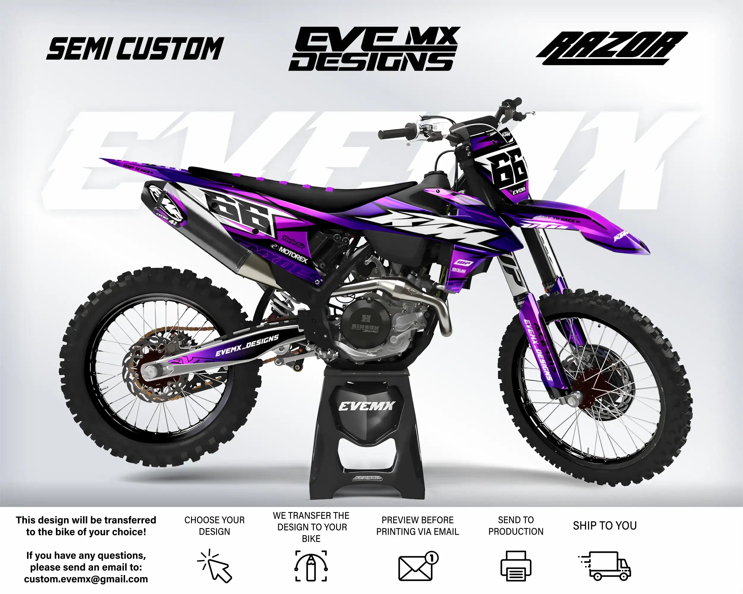 Custom dirt bike with purple and black design on a white background, featuring 'EveMX Designs' branding.