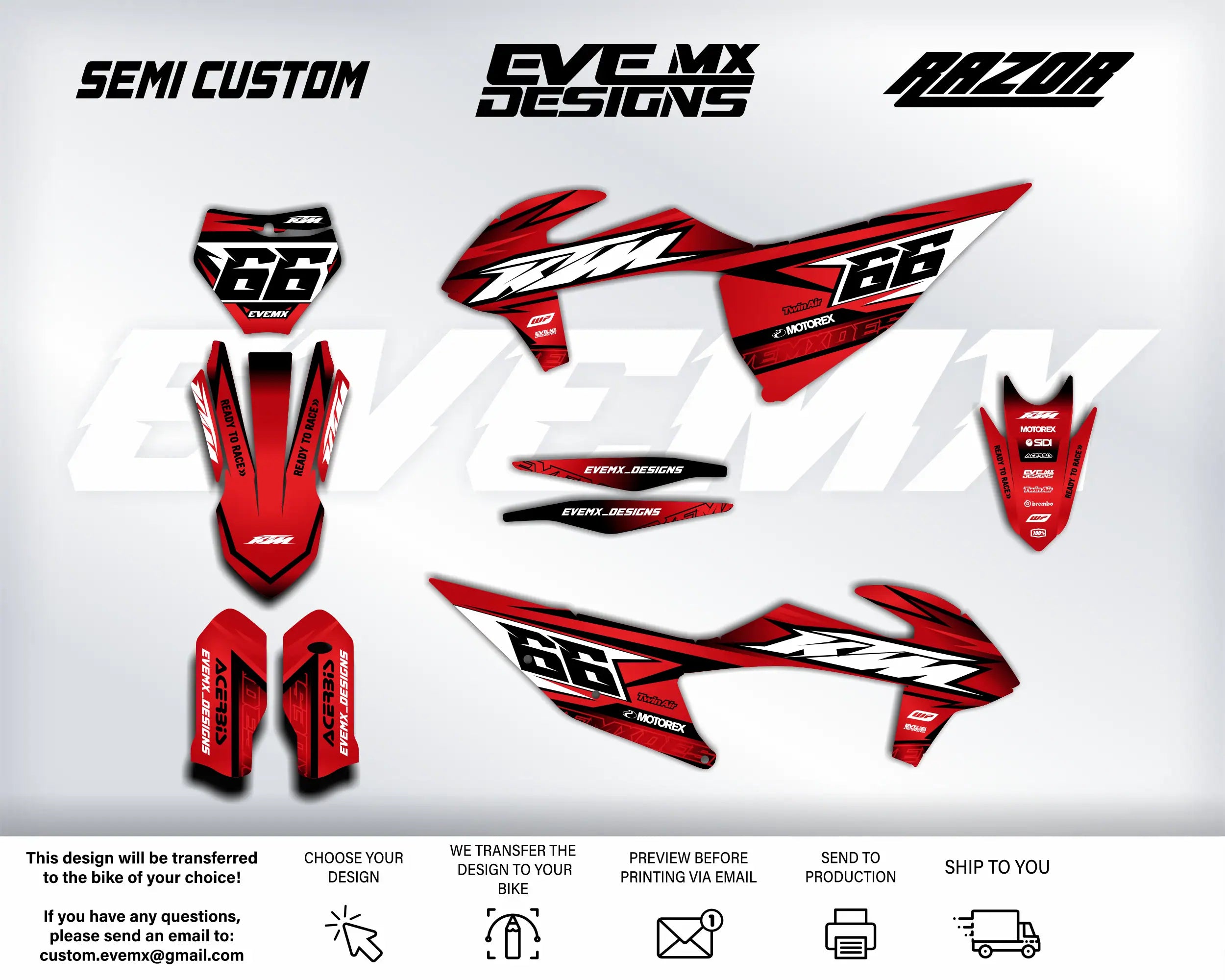 Motorcycle decals with EveMx Designs branding and design elements on a white background